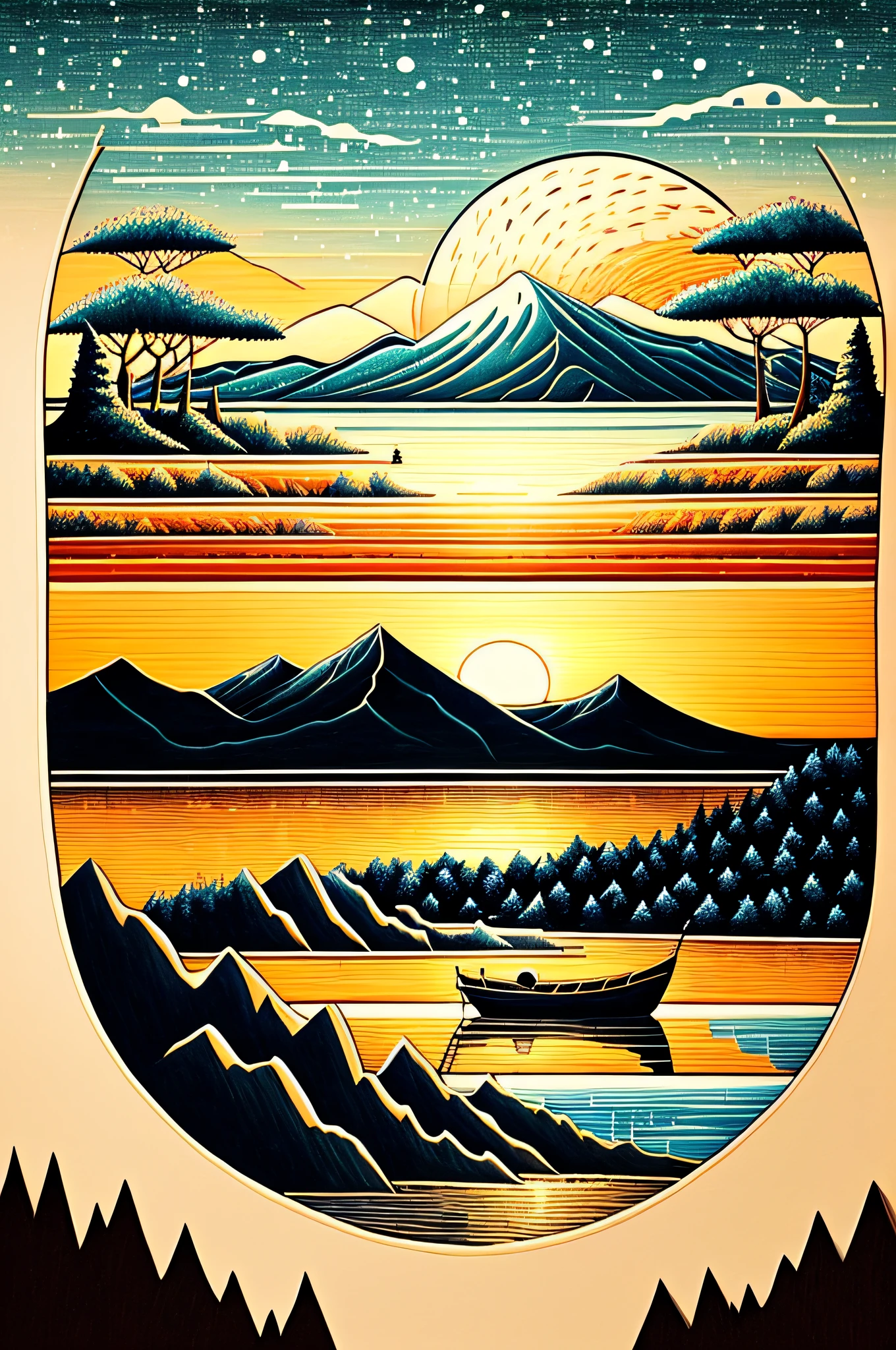 Intricate painting of a detailed lake, japanese, distant fishing boats on the horizon, by range murata, a big dark setting sun in the background, night, sparse clouds, vivid colors, high contrast, mountain scape, vector line art, trending in pixiv, anime concept art, awesome, matte, high quality, edge-to-edge, NO borders, van gogh
