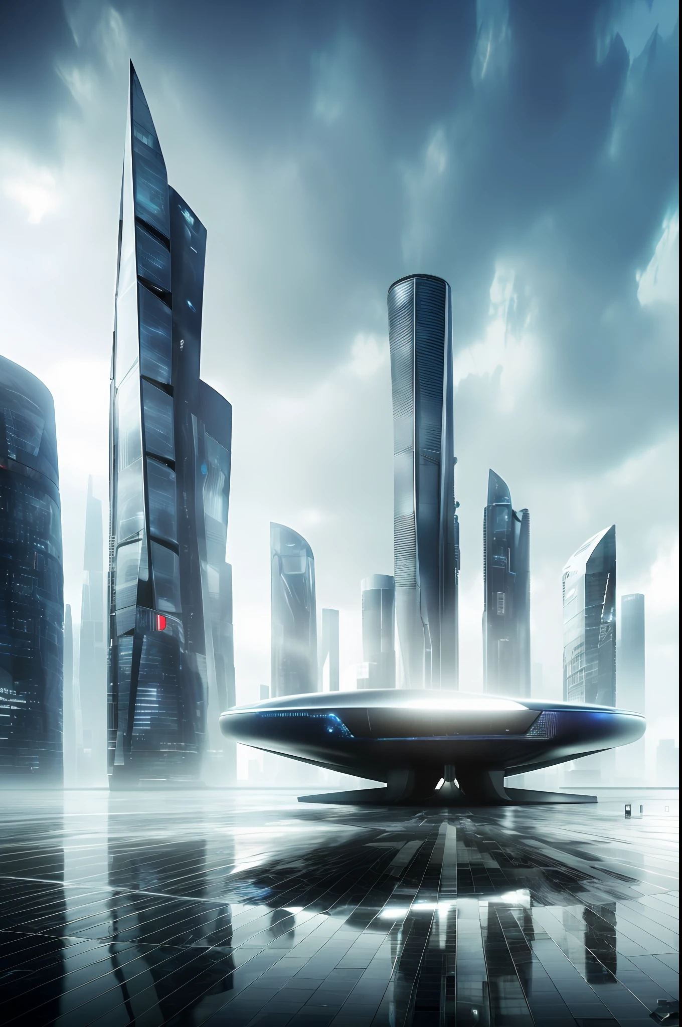 ((masterpiece, best quality)), 8k, modern architecture, photorealism, ultra-detailed photo, clean sky, ruined city, cyberpunk, rain, futuristic city, technological, fantasy