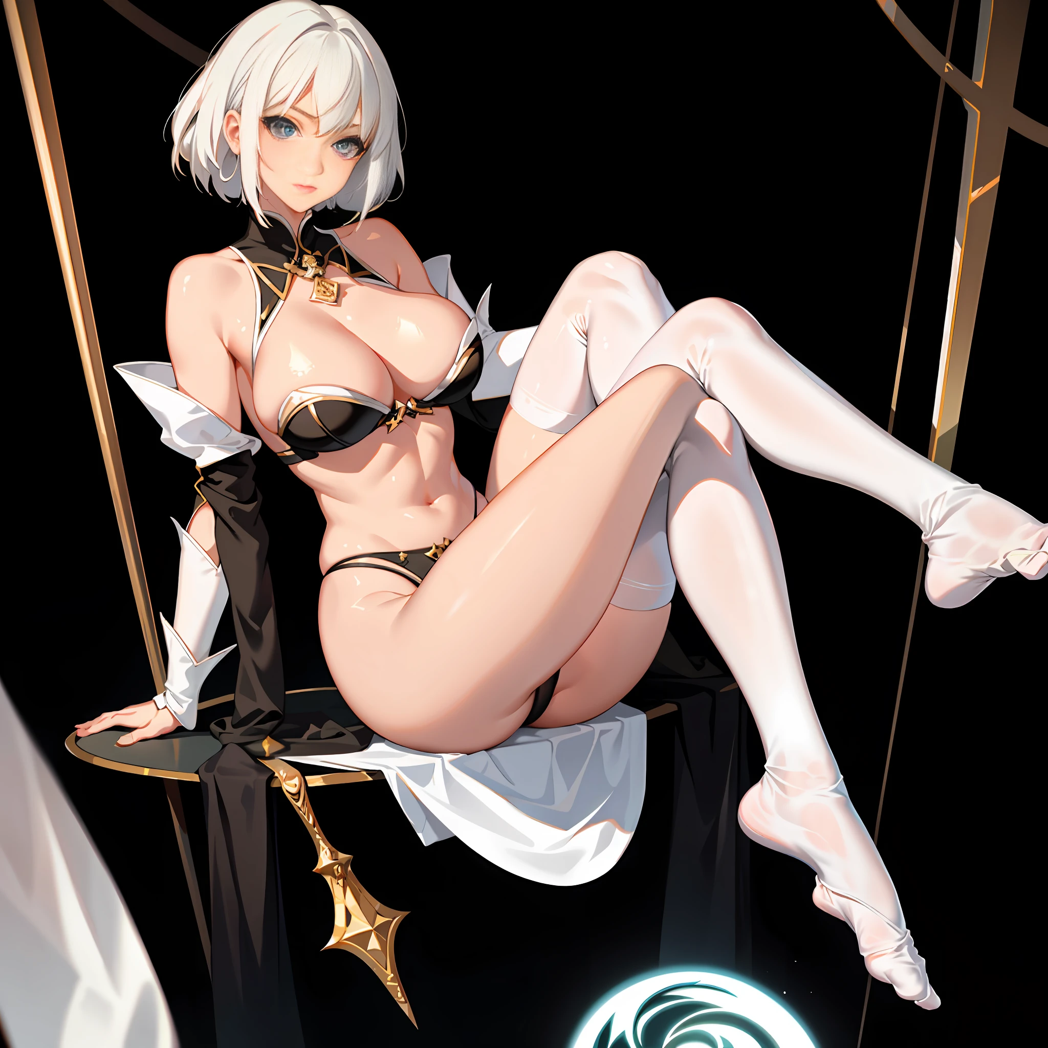 Short white hair, big breasts, half-exposed breasts, black stockings, jade feet, beautiful legs, fleshy thighs