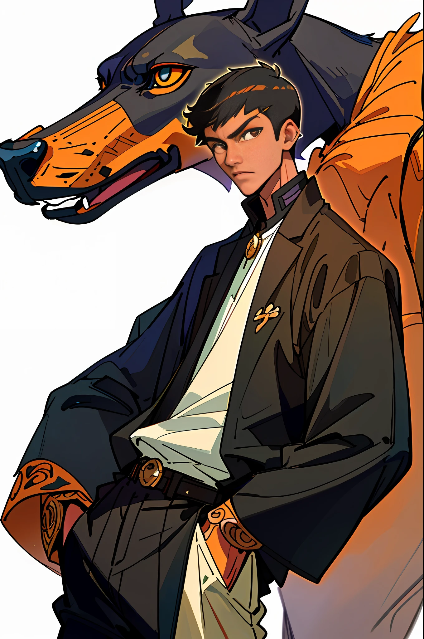 (Best quality, masterpiece), 1 Doberman Pinscher behind 1 boy, (simple white background: 1.2), Doberman Pinscher side, handsome, short hair backwards, intricate Tang costume, black gold, fine details of clothes, hands in pockets, cowboy shot