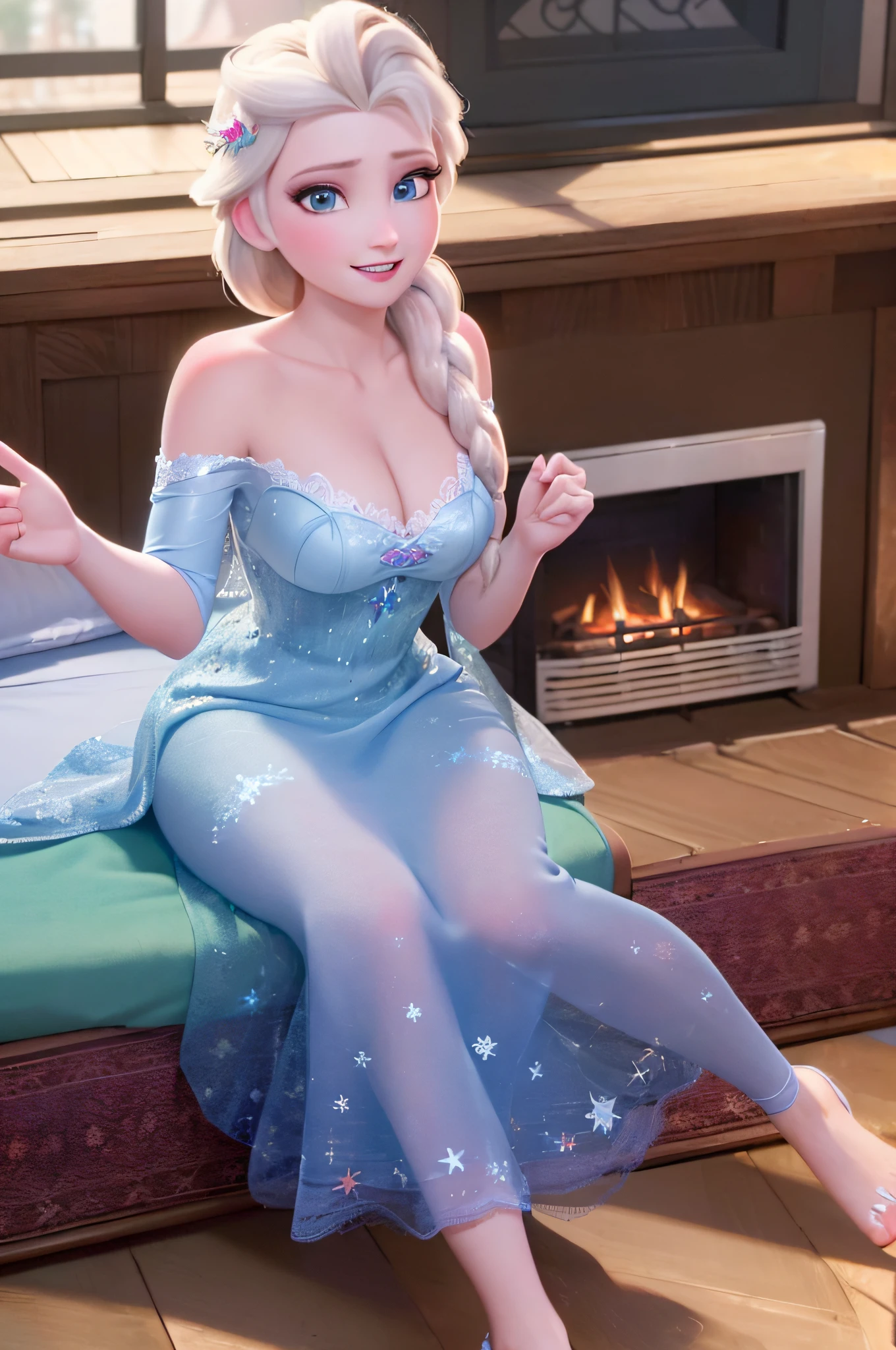 (masterpiece:1.4),(best qualit:1.4),(high resolution:1.4),elsa of arendelle, bra, cleavage, soft warm lighting, sitting, single braid, (looking at viewer:1.1),(night:1.2), bed ,fireplace, smile,