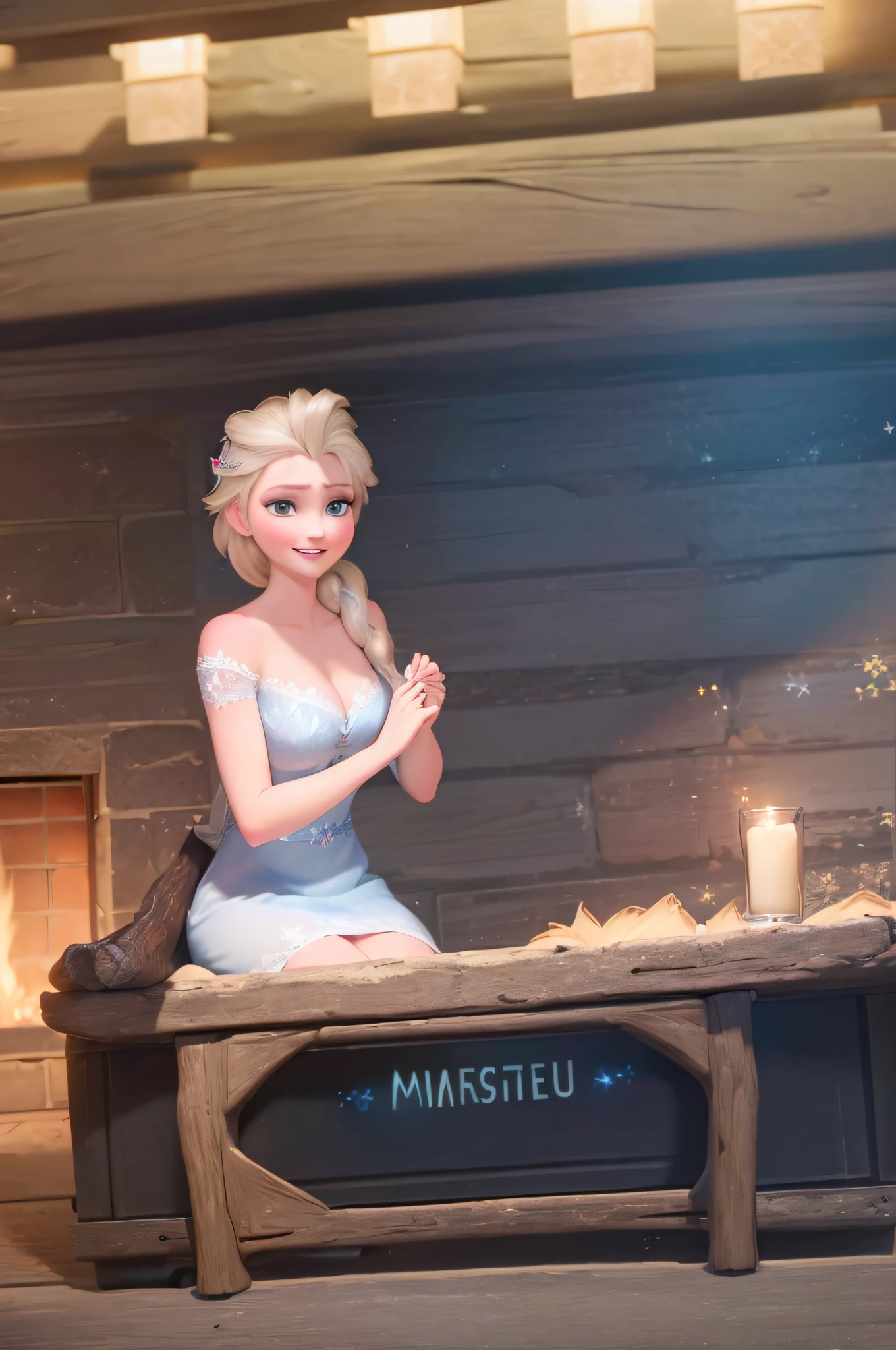 (masterpiece:1.4),(best qualit:1.4),(high resolution:1.4),elsa of arendelle, bra, cleavage, soft warm lighting, sitting, single braid, (looking at viewer:1.1),(night:1.2), bed ,fireplace, smile,