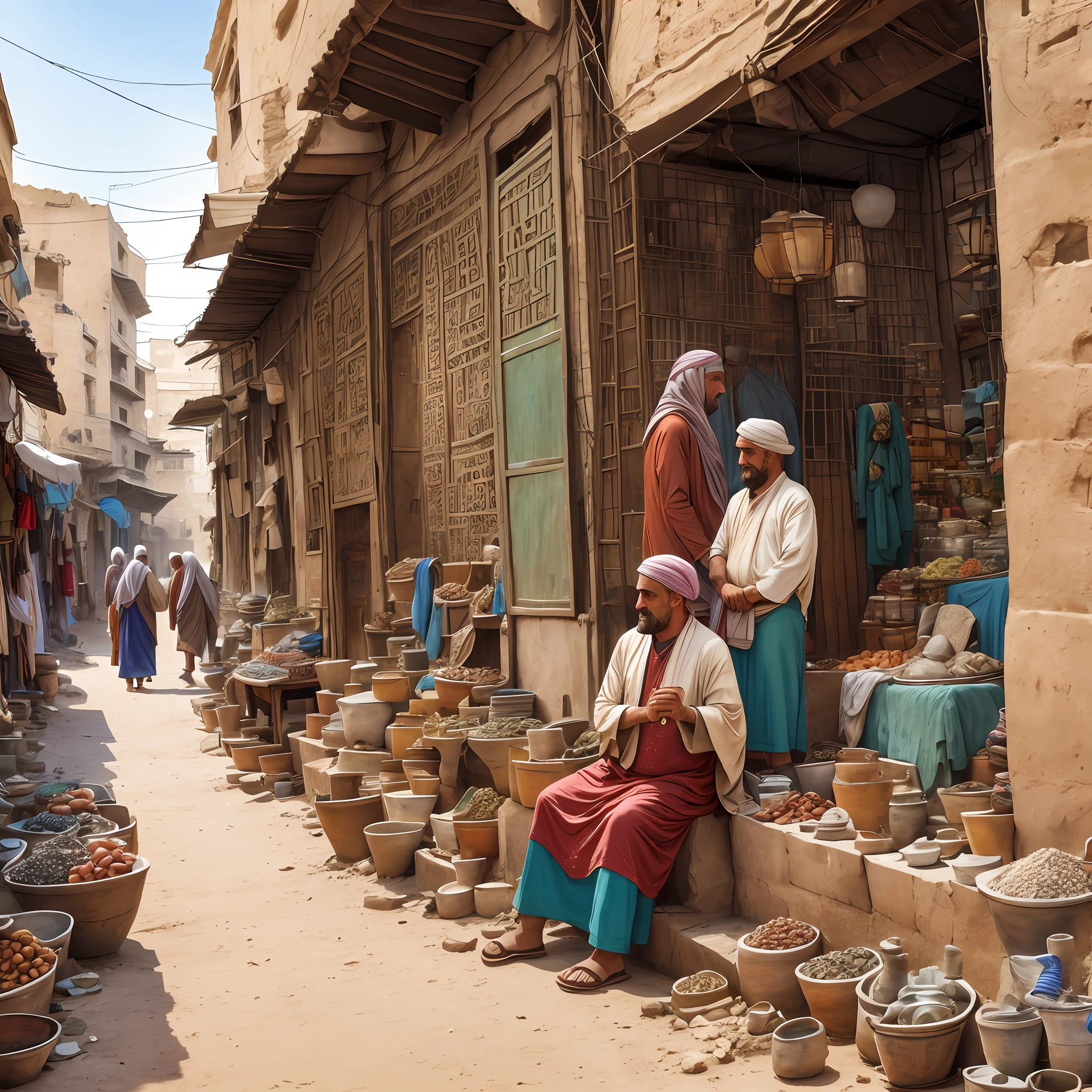 two middle aged Egyptian in Casbah, dusty market background, early morning, high definition photo, Maze Guru style --auto --s2