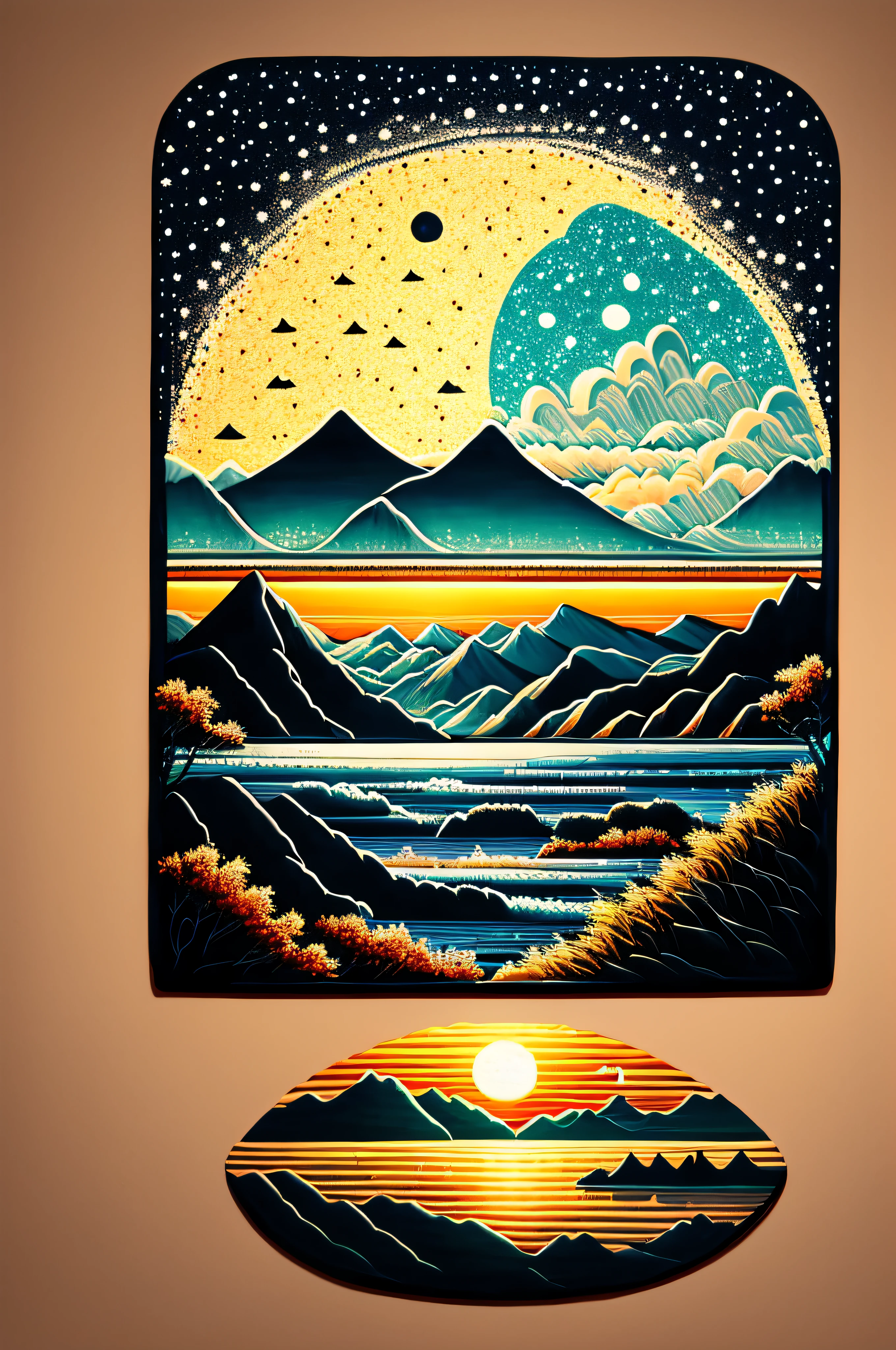 Intricate painting of a detailed lake, japanese, distant fishing boats on the horizon, by range murata, a big dark setting sun in the background, night, sparse clouds, vivid colors, high contrast, mountain scape, vector line art, trending in pixiv, anime concept art, awesome, matte, high quality, edge-to-edge, NO borders, van gogh