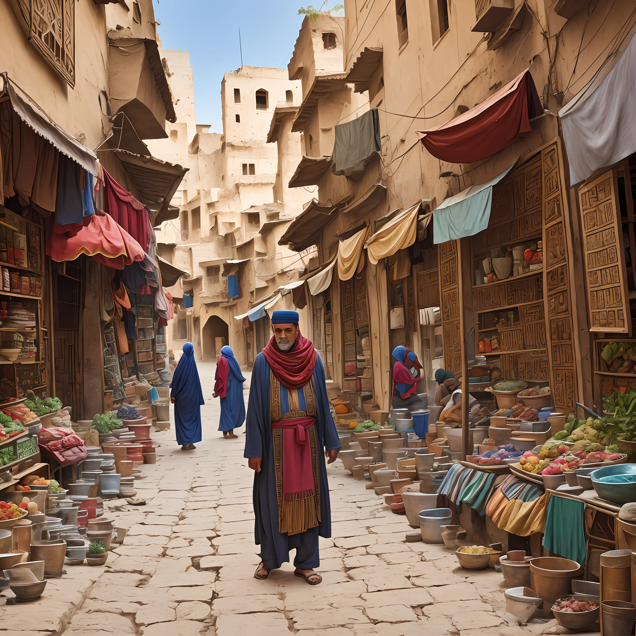 two middle aged Egyptian in Casbah,  dusty market background, early morning, high definition photo, Maze Guru style --auto --s2