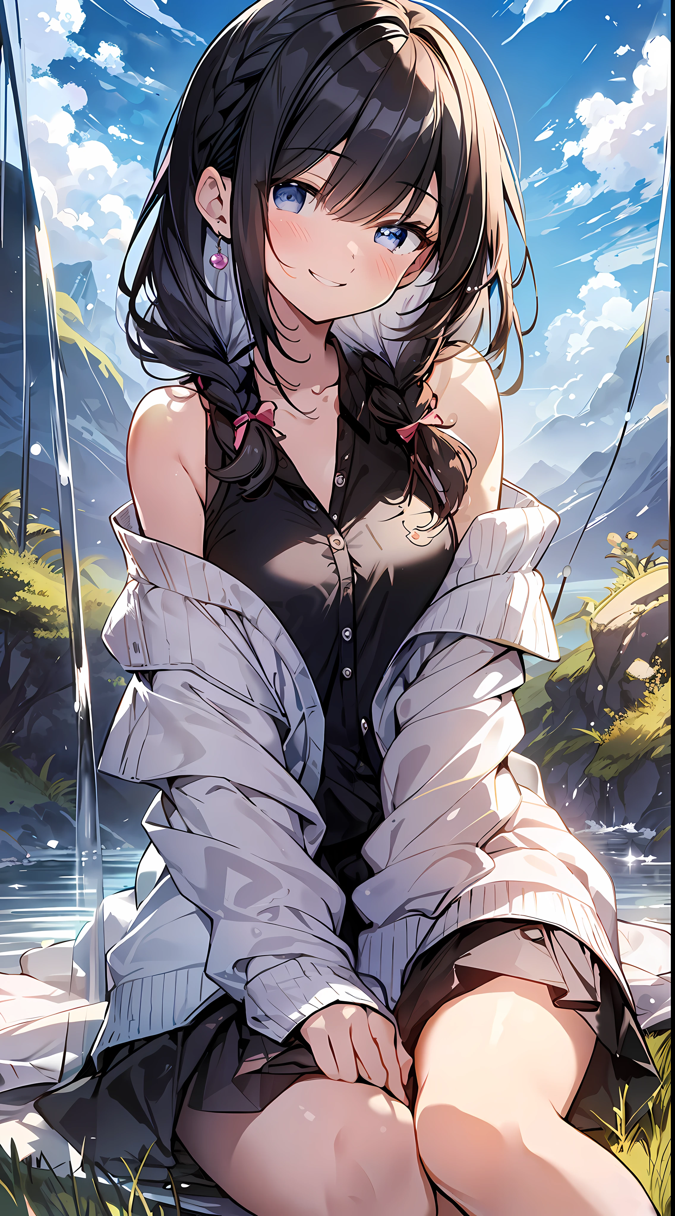Top Quality, Masterpiece, Ultra High Definition, 8K, Summer Sky, Early Summer, (Pants, Sheer Cardigan, Sneakers), Shojo Manga Style Loli, One, Soft Line Art, Digital Enhancement, Shoujo Manga Touch, Shojo Manga Core, Flowing Fabric, Close Up, (Shoulder Length and Short Braid)), Wet Hair, Soft Drawing, Beautiful Black Hair, Clear Eyes, ((Teasing smile)) , Ultra-detailed digital anime art, clear face depiction, ultra-detailed shoujo manga character art, clear facial features, ultra-detailed manga style, top quality colors, hand gestures, landscape with nature, looking up at the sky, angle to see up to your feet, sit