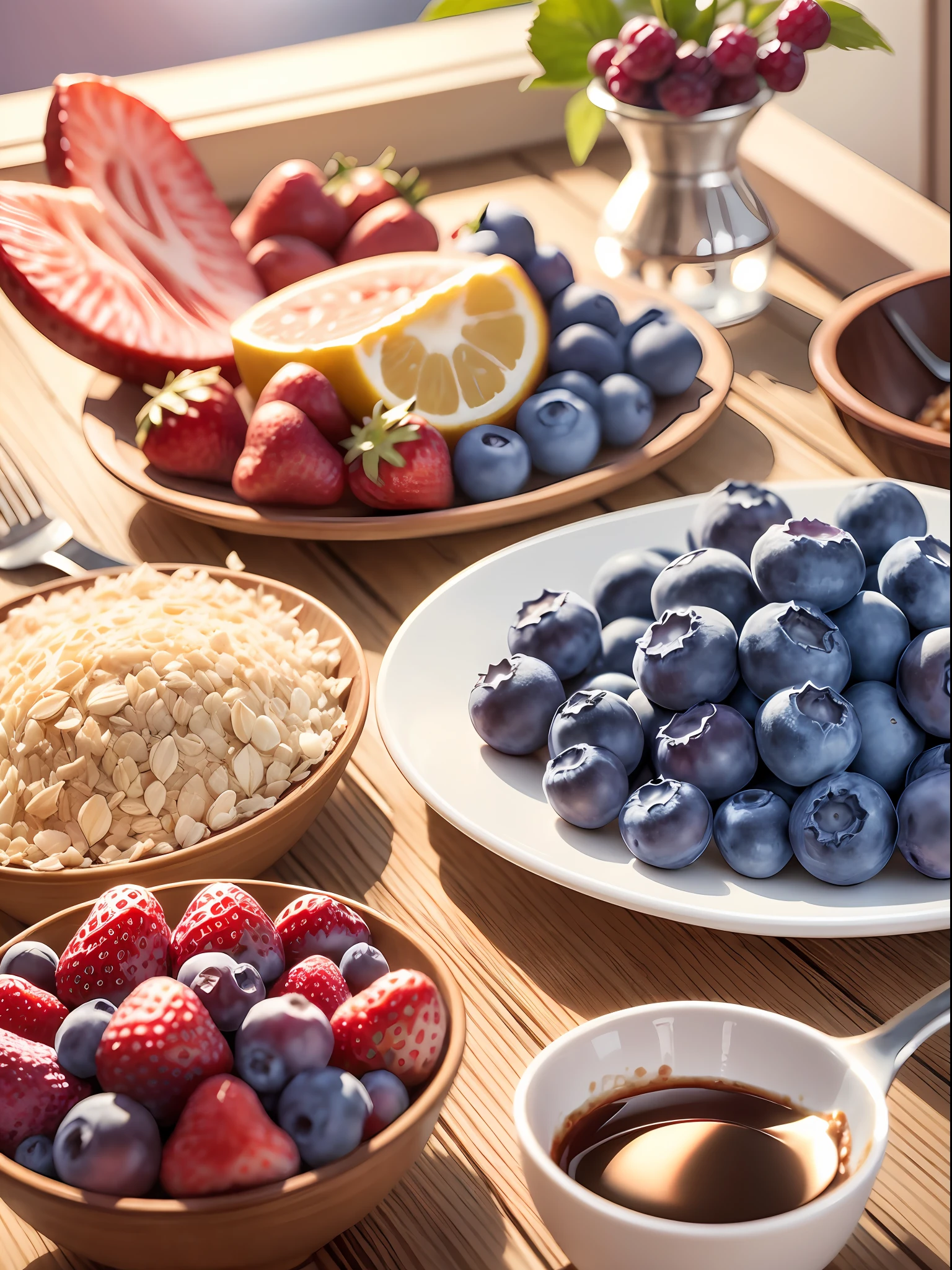 Foods such as blueberries, strawberries, grapes and oats and sauerkraut are placed on the kitchen table, and the sunlight outside the window highlights the healthy life picture of eating breakfast --auto --s2