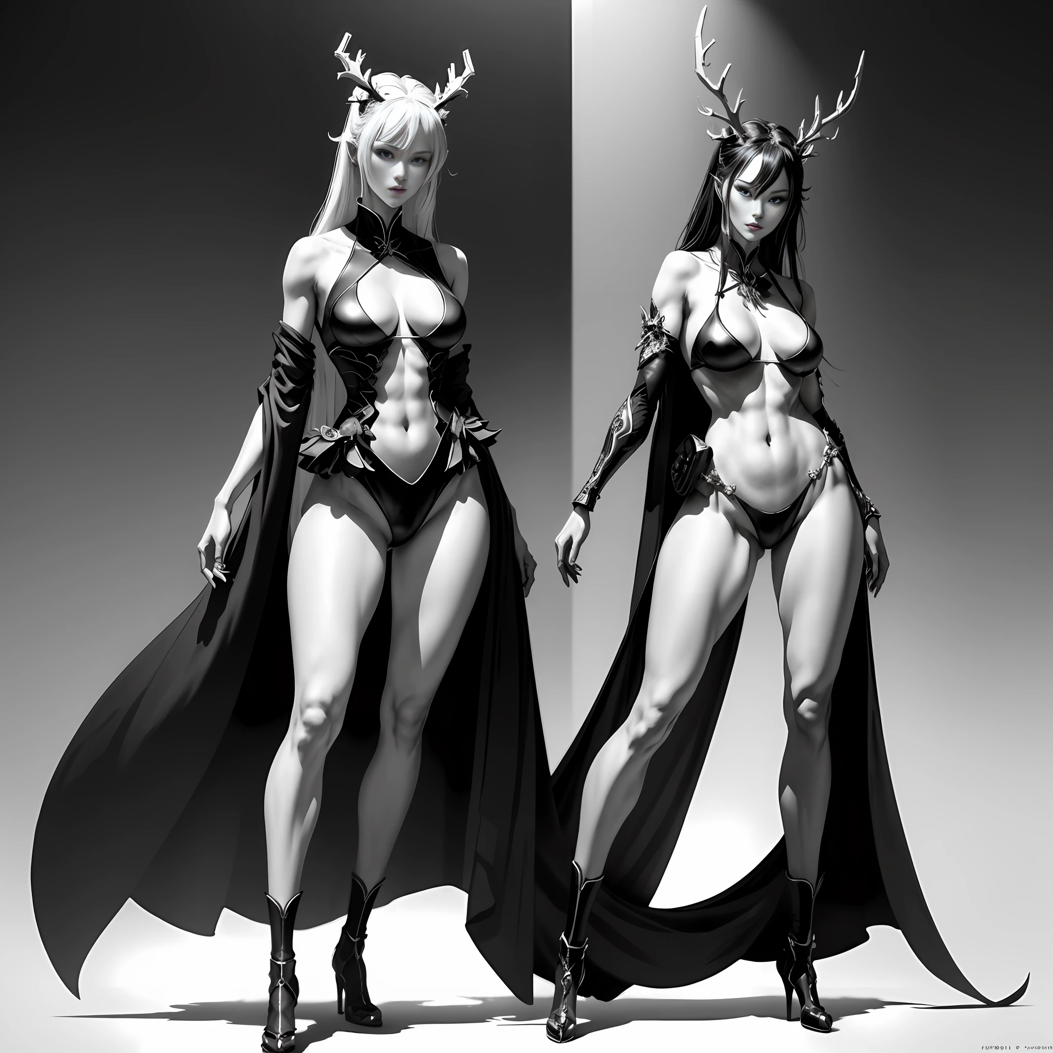 A Masterpiece,8kwallpaper,Great master black and white anime artwork,Black and white art,Pen line art,Sexy tribal mature woman in white sexy costume on magnificent wild world land,There are antlers on the head,Full body dimensions,White bikini,Mature body,Slender figure and legs,Perfect body shape,Exquisite facial details,Beautiful figure painting,Exquisite fanart with high detail,Full-body standing,full body xianxia,G. Larion's artistic style,inspired by Lan Ying,by Yang J,She walked towards the audience,inspired by Du Qiong,Inspired by Qu Leilei,Inspired by Wuzhun Shifan,The ultimate in dark art,Perfect model height,Fierce expression,Soft professional cinema lighting,Light and shadow follow,Perfect contour light