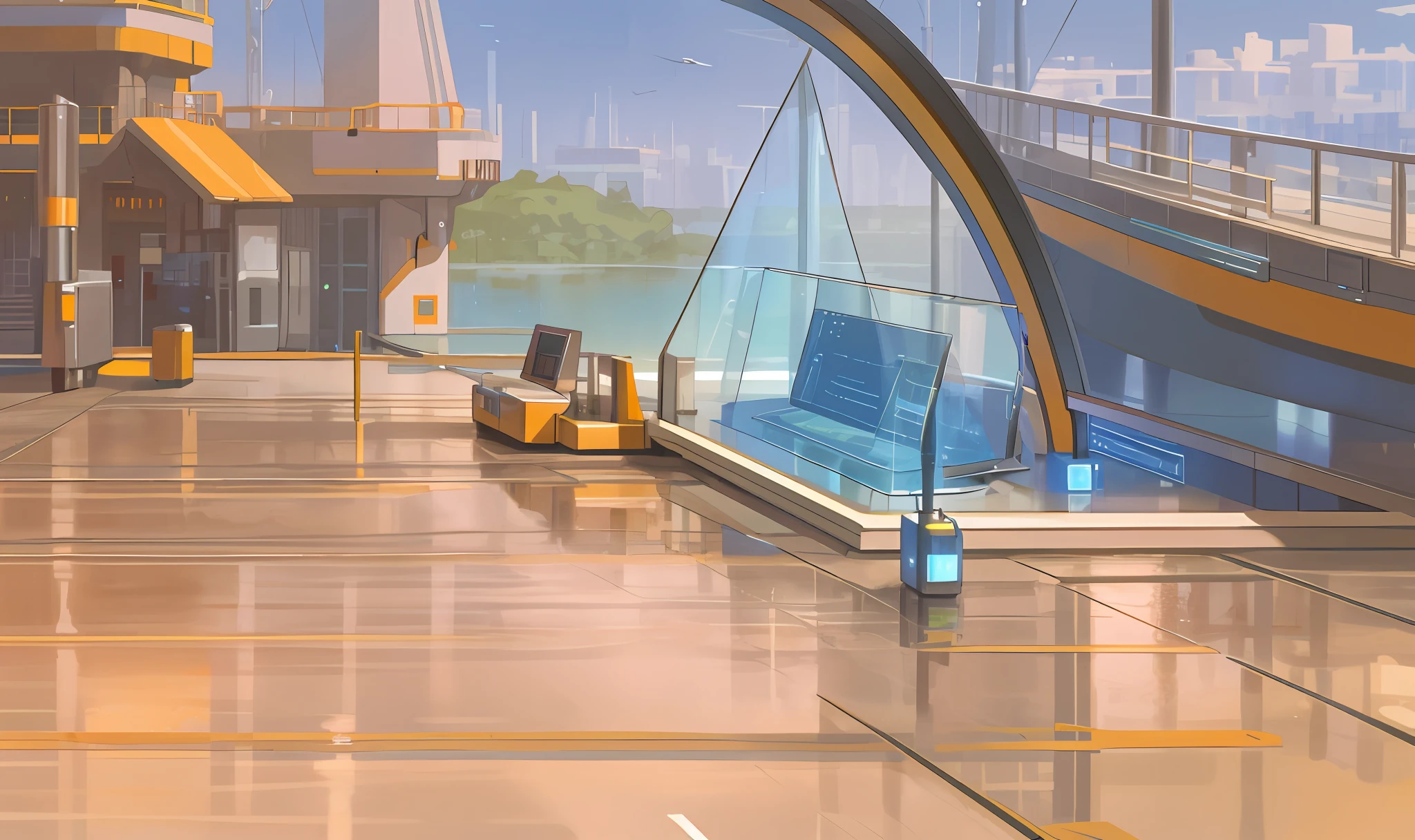 Technology sense glass floor, outdoor scene science fiction dock scene, full of technology, empty glass floor, modern, rich in details, glass, HD