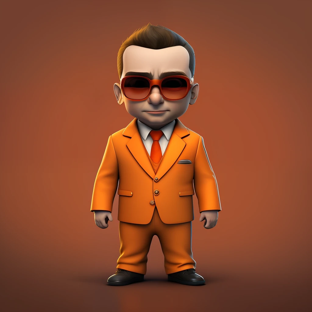 A male character, orange suit, orange tie, cyberpunk, brunette, businessman, orange glasses frame, dark lenses, 3D, cartoon, uhd, super cute, avatar stile Facebook, A male character, orange suit, orange tie, cyberpunk, brunette, businessman, orange glasses frame, dark lenses, 3D, cartoon, uhd, super cute, stile avatar, happy, Smiling