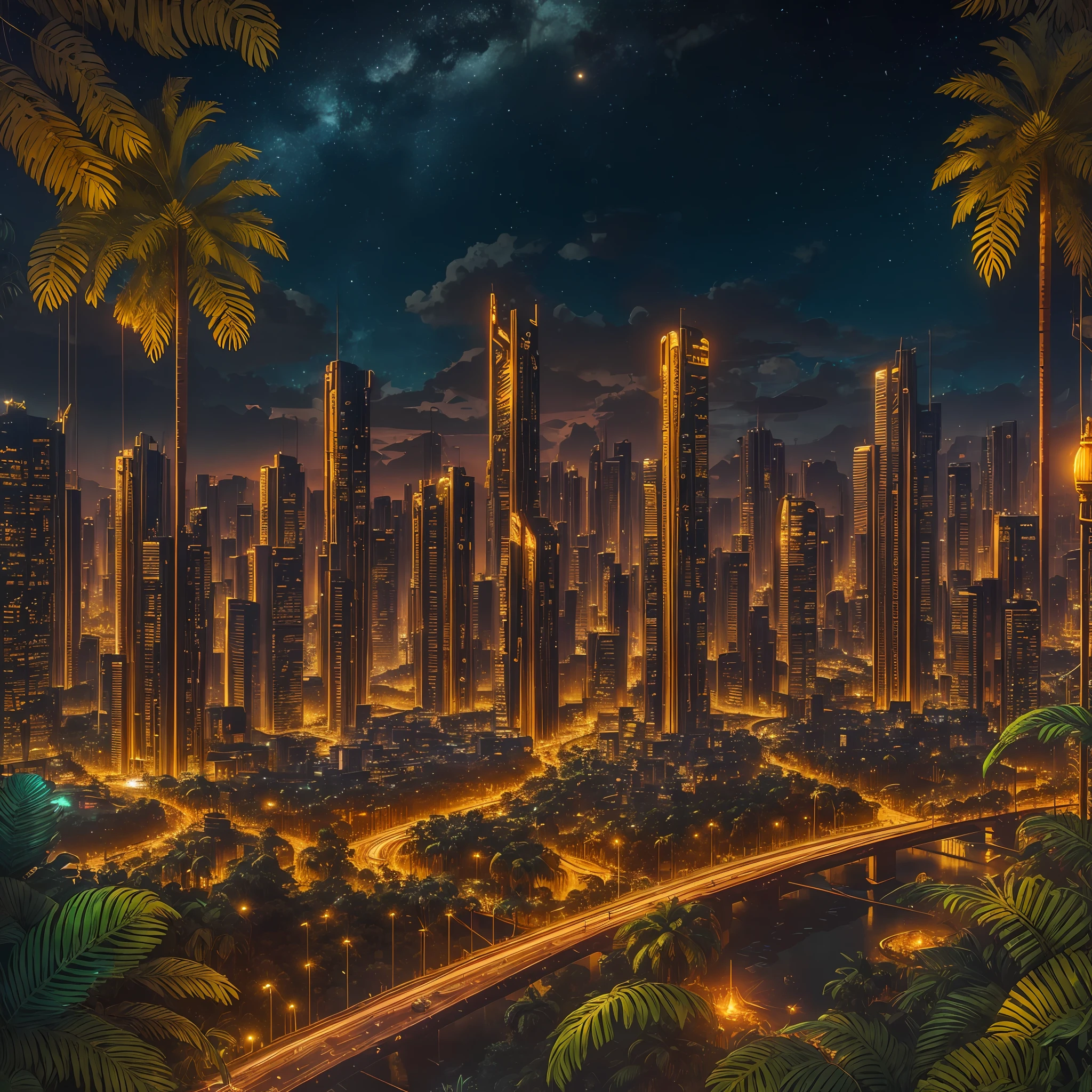 extremely detailed Golden city in the jungle, beautiful night lights, modern concept mixed with ancient, neons, (detailed jungle showing a city in it) ultra detailed night sky, wide angle, panoramic, retro-futuristic, 32k resolution, best quality, glamour shot, --auto --s2