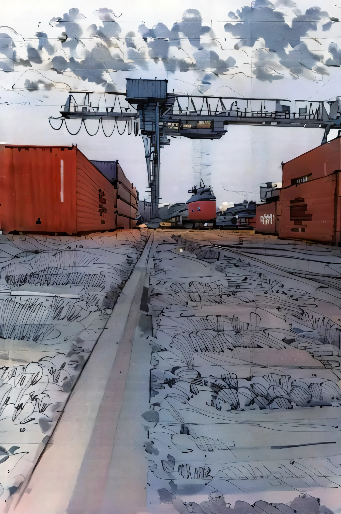 linear, gray, white background, simple background, sketch, sketch, pen_sketch_style, railway, on the background huge crane, shipping containers, photo taken in 2 0 2 0, photo taken in 2018, yard looking at the camera, wide installation shot, portrait, crane shot, trade warehouses, wide long view, crane, attractive, DSRL photo, it is very huge