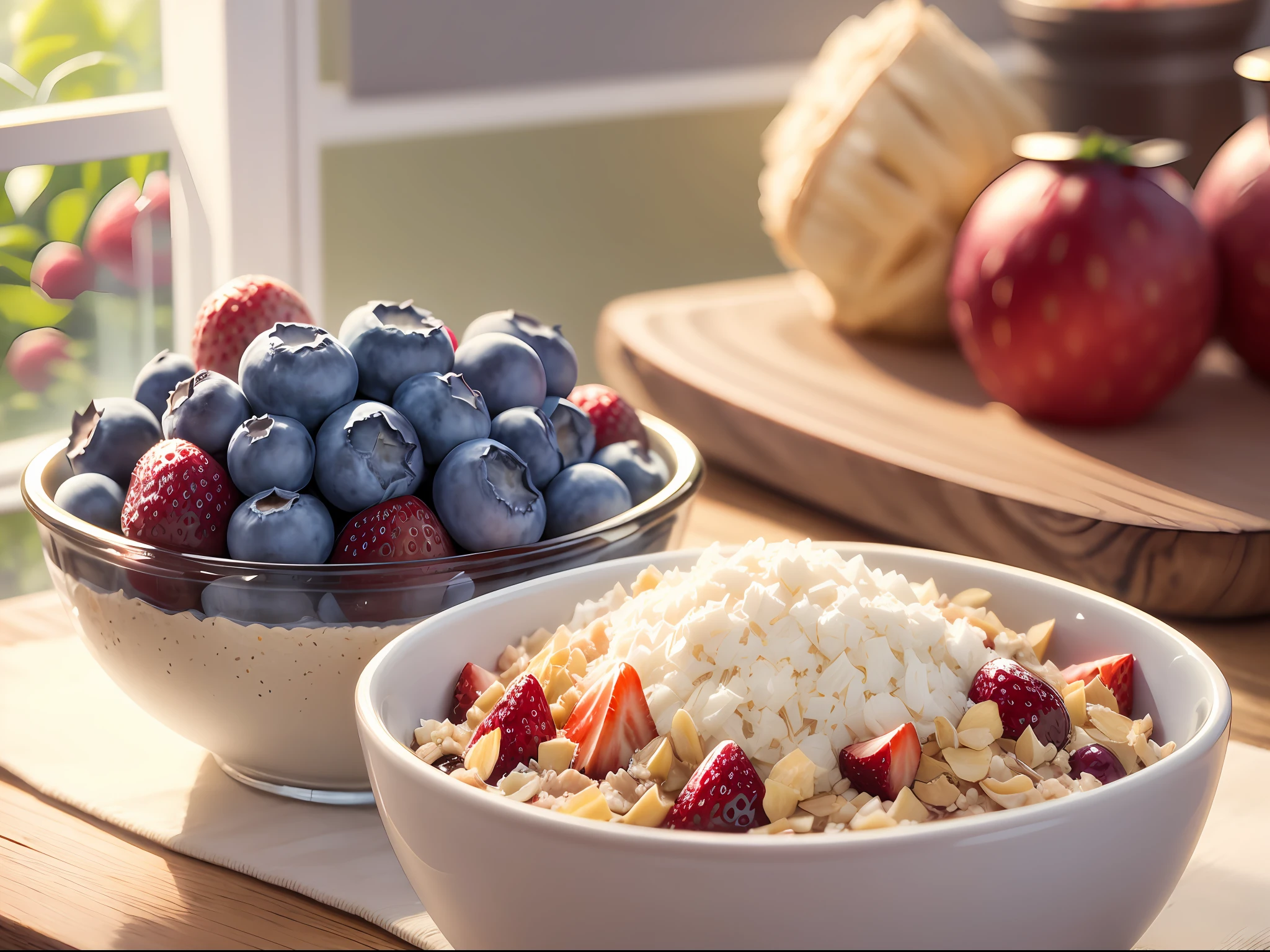Foods such as blueberries, strawberries, grapes and oats and sauerkraut are placed on the kitchen table, and the sunlight outside the window highlights the healthy life picture of eating breakfast --auto --s2
