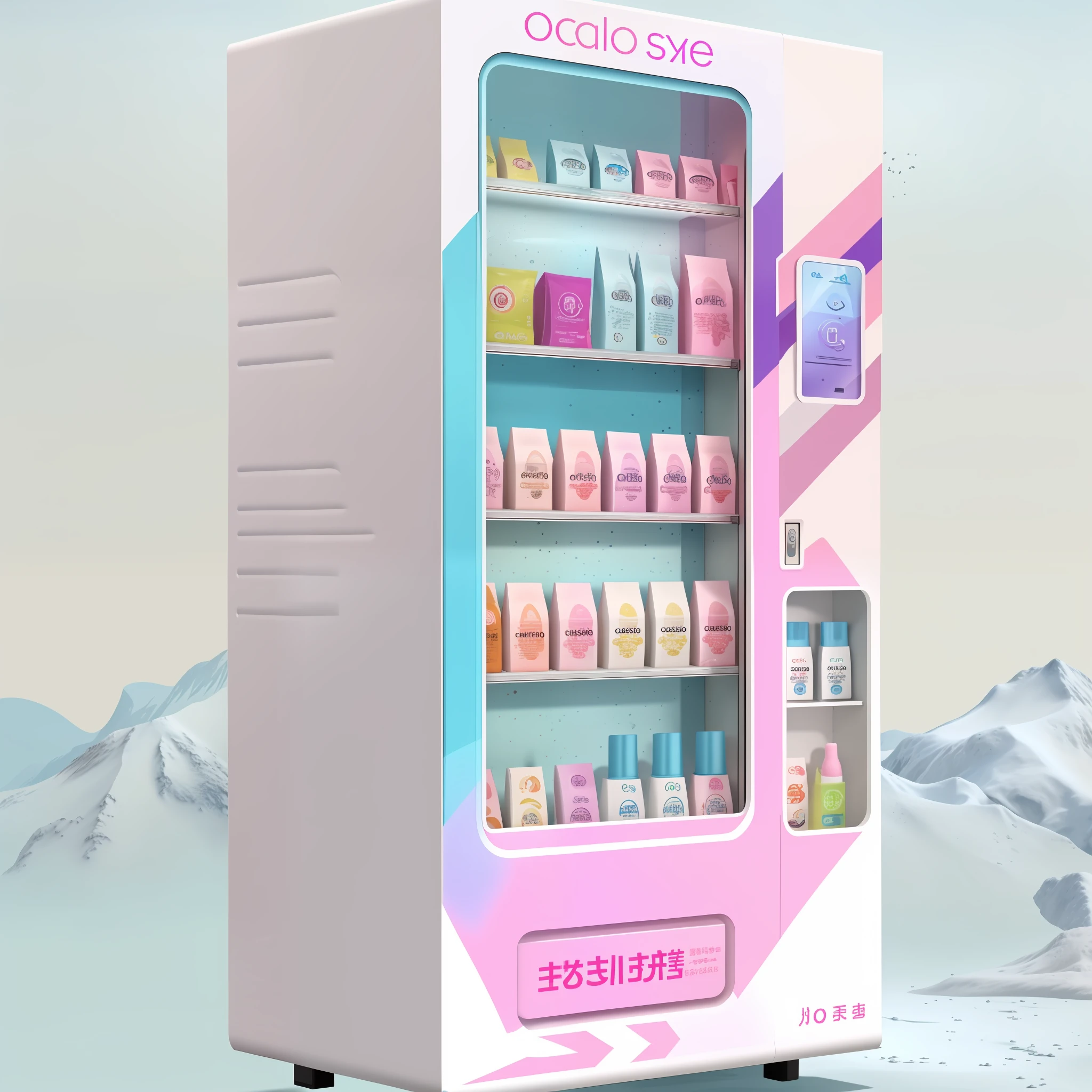 Close up of vending machine with cosmetics and skin care products, 3D product rendering, machine, high quality product image display, vending machine, vending machine, science fiction vending machine, 4 8 0 p, 480p, high quality product, machine, high quality product image", future, high quality, 3D product, f 2.0, large size, cosmetics, and skin care water mixing concept, product rendering, the body has the style of Gu Yu, the body appears reasonable with aesthetic elements, the whole is mainly blue and pink, Color distribution can be 50% each