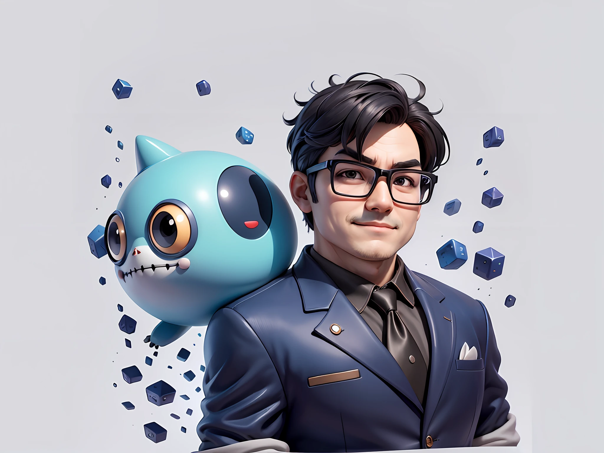 Masterpiece), (Excellent), (Super Meticulous), (Full Body: 1.2), Super Young Woman, Beautiful, Sexy, Bursting, Oriental Face, TV Anchor, Bust Portrait Illustration, Alone, Black Suit, Blue Tie, Silver Glasses, Slightly Chubby Face, Very Clean Face, No Beard, Black Super Short Hair, Black Eyes, Confident Smile, 3c Computer Sub-Products, iPad, iPhone, Digital Painting, 3D Character Design by Mark Clairenden and Pixar and Hayao Miyazaki, The illustration is a high-definition illustration in 4K resolution with very detailed facial features and cartoon-style visuals.