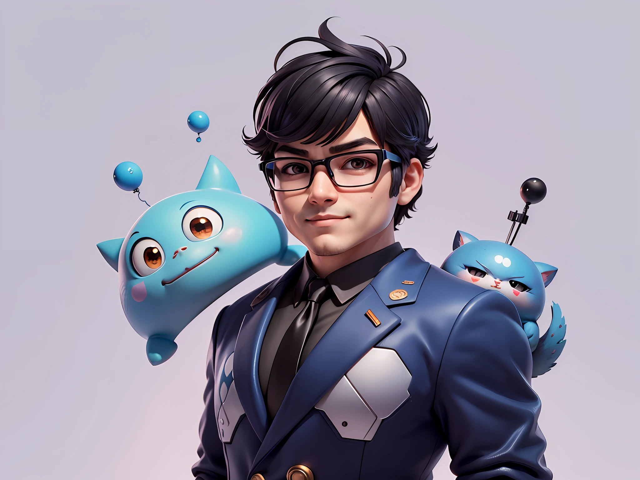 Masterpiece), (Excellent), (Super Meticulous), (Full Body: 1.2), Super Young Woman, Beautiful, Sexy, Bursting, Oriental Face, TV Anchor, Bust Portrait Illustration, Alone, Black Suit, Blue Tie, Silver Glasses, Slightly Chubby Face, Very Clean Face, No Beard, Black Super Short Hair, Black Eyes, Confident Smile, 3c Computer Sub-Products, iPad, iPhone, Digital Painting, 3D Character Design by Mark Clairenden and Pixar and Hayao Miyazaki, The illustration is a high-definition illustration in 4K resolution with very detailed facial features and cartoon-style visuals.