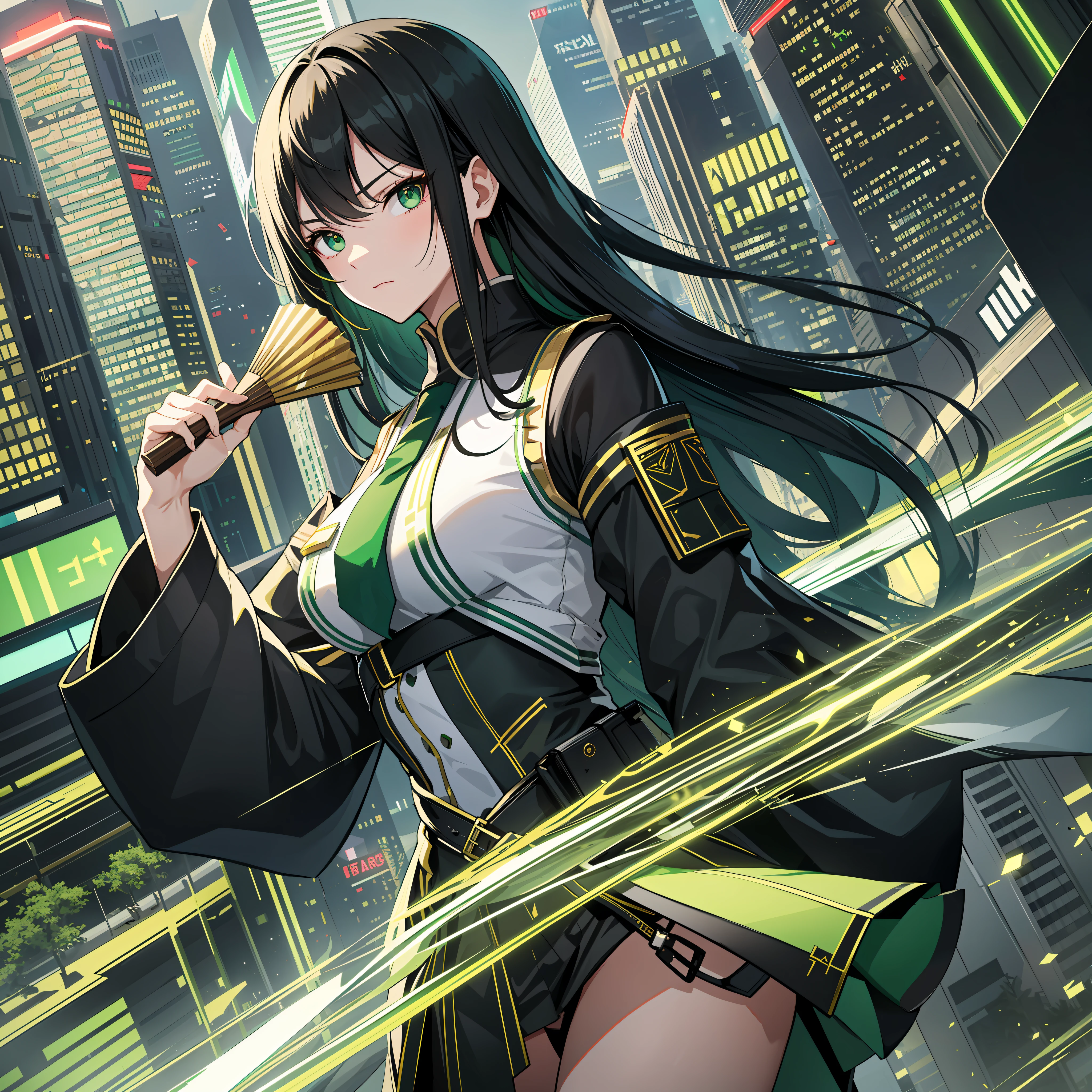 Adult, one female, Long black hair with green line in the middle, white shirt with Rank on the shoulder , short green skirt with gold trim, attack mode With a hand fan, in a cyberpunk city mirroria, Slanted eyes, Glare, masterpiece, variation style