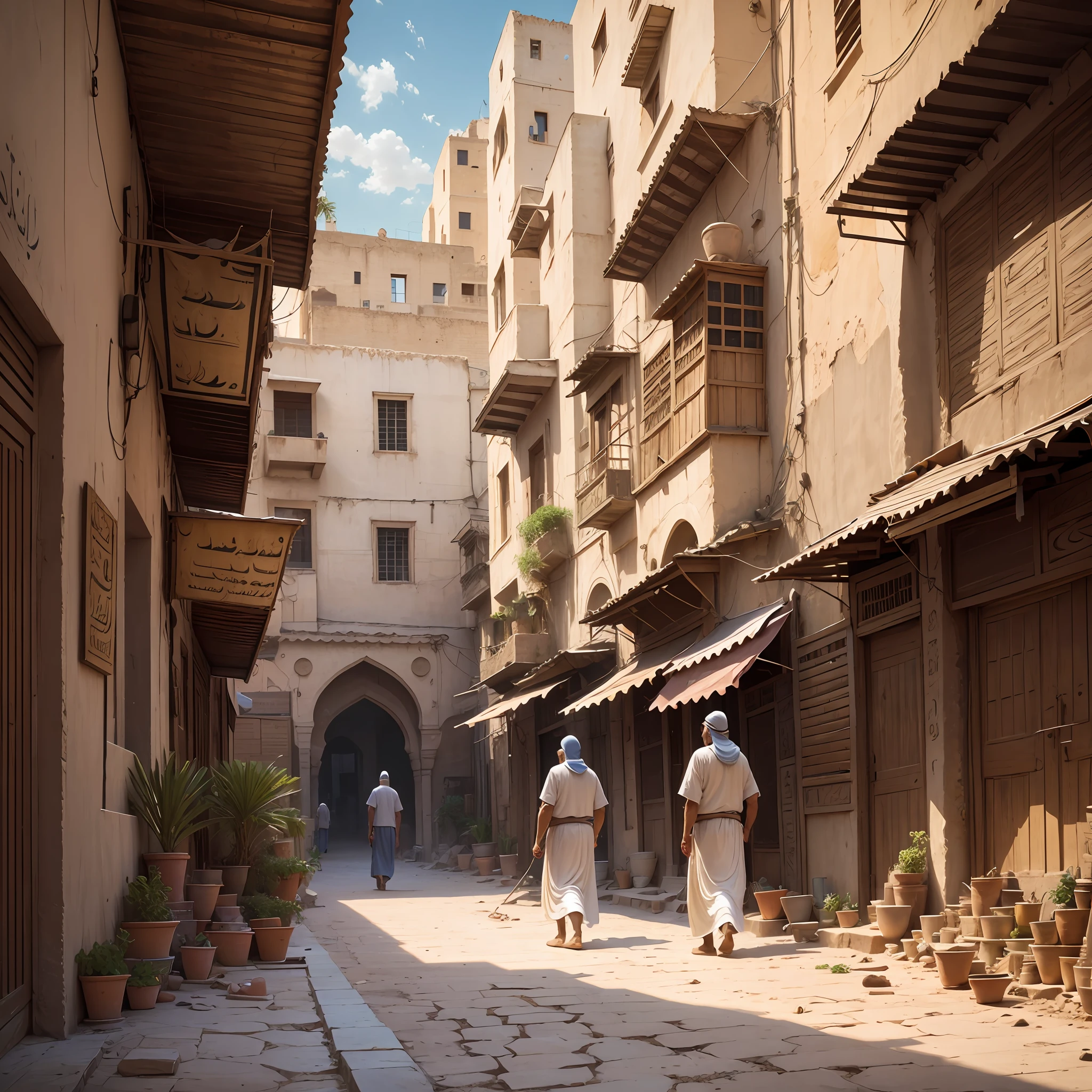 two middle aged Egyptian men in Casbah, dusty market background, early morning, high definition photo, Maze Guru style --auto --s2