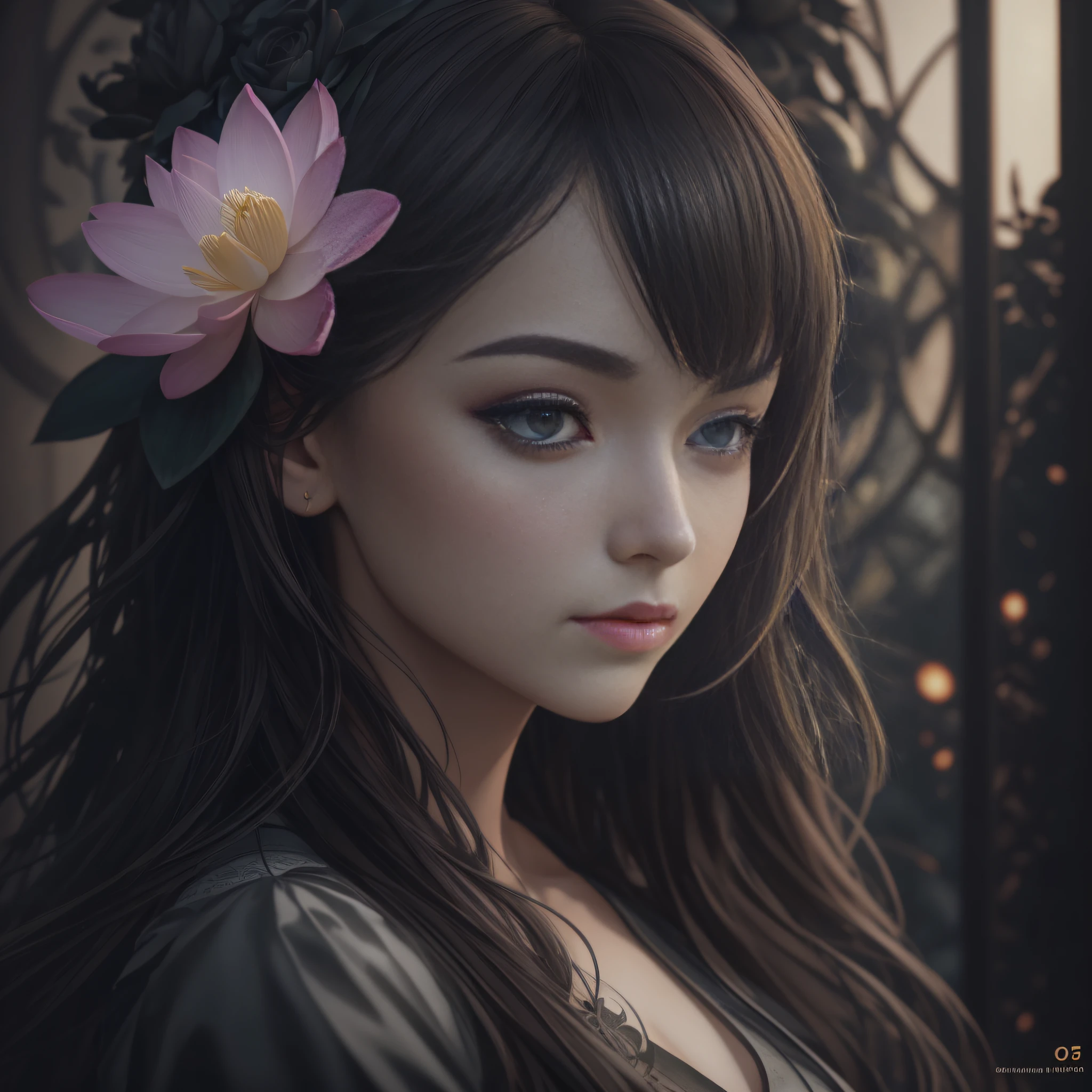 A flower by Kathy Weldon, Olga Kwasa, Miho Hirano, Ultra-detailed complex Gothic art trends on Artstation Ternary Color Unreal Engine 5 Detailed matte painting in Unreal Engine 5, brunet, Dreamlike, complexly detailed, Start screen, complementary colors, fantasy concept art, 8k resolution, A masterpiece of Gothic deviation art, (Dark lens: 0.9), art by Greg Rutkowski and Artgerm, Soft cinematic light, Adobe Lightroom, photolab, HDR, sophisticated, highlydetailed, lotus --auto --s2