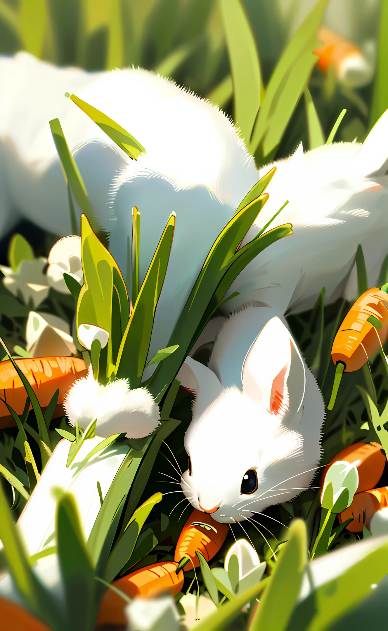 cute white baby rabbit eating carrot in grass garden,close up view,under the sunlight at morning,high graphic,hyper detail,high resolution,ultra graphic,sharp focus,high realistic