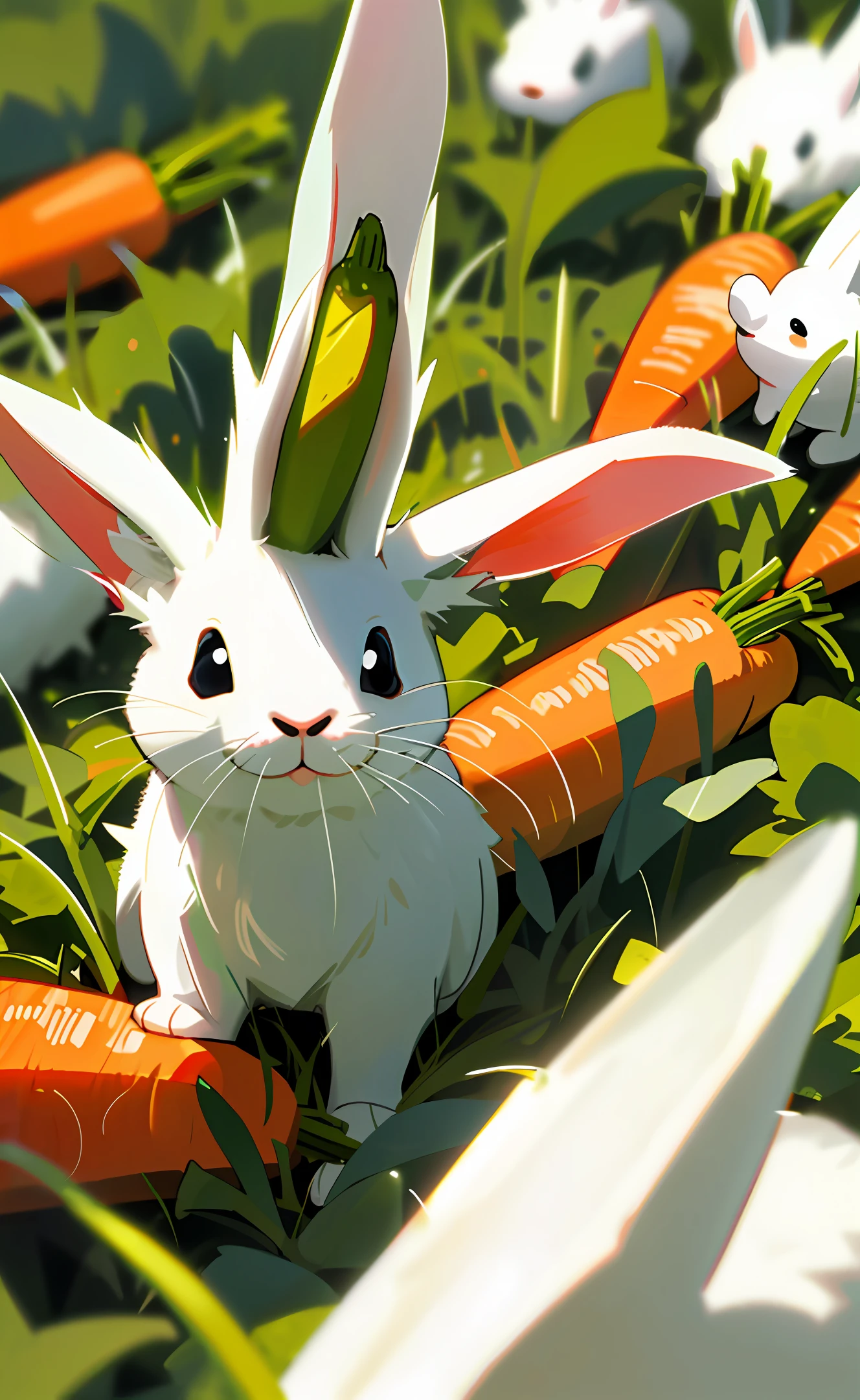 cute white baby rabbit eating carrot in grass garden,close up view,under the sunlight at morning,high graphic,hyper detail,high resolution,ultra graphic,sharp focus,high realistic