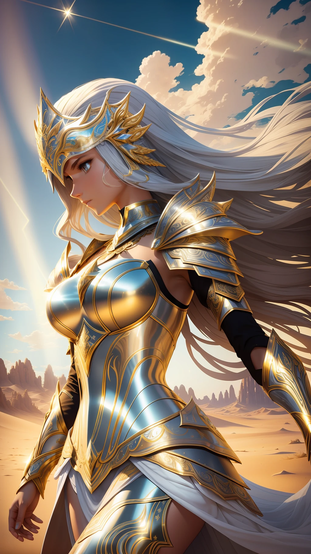 award winning concept art of tall (1girl:1.2) in silver shiny ornate armor in desert, epic, god rays, centered, (masterpiece:1.2), (best quality:1.2), Amazing, highly detailed, beautiful, finely detail, warm soft color grading, Depth of field, extremely detailed 8k, fine art, stunning, iridescent, shiny, (light reflections:1.2), (crisp:1.5), curls, wind, sandstorm, vibrant, sunlit, edge detection