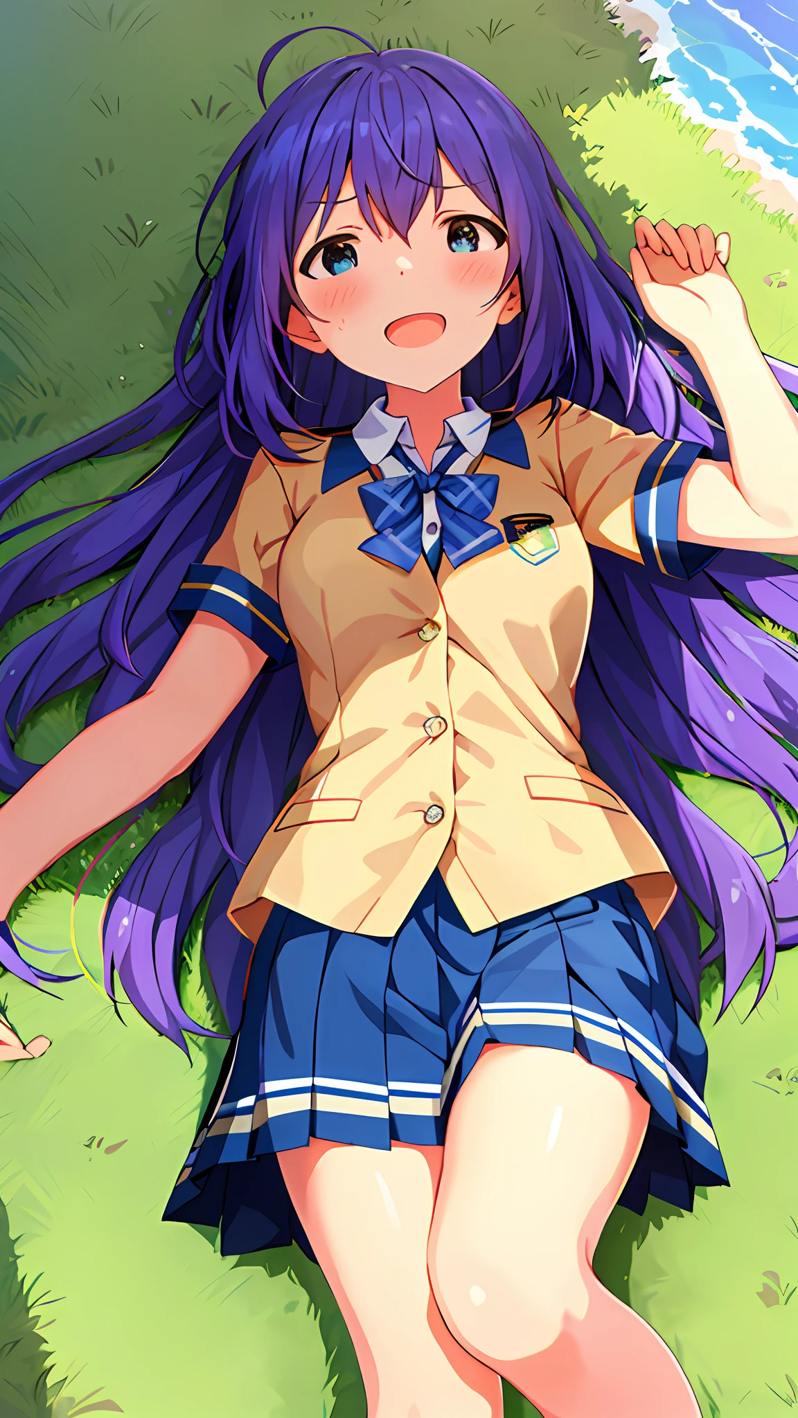 Anna Mochizuki (Million Live), Shiny Trinity \ (Costume), (Best Quality, 8K, Masterpiece, Super Detail: 1.2), Sea, Sun, Mottled Sunlight, Blue Sky, Beautiful Clouds, 1 Girl, Solo, Skirt, Straight Face, Open Mouth, V, Watch Viewer, White Sailor Color, Blue Shirt, Sailor Color, Blue Skirt, Pleated Skirt, Short Sleeve, :d, Shirt, School Uniform, Blush, Serafuk, Clavicle, bow, ribbon, blue bow. (((Outside))). (((fighting stance))).,(((Lying down))).dynamic focus.small breasts.. (((Face of sadness))). Open mouth.Close your eyes.Spread your arms.Ground.Lie on your back.