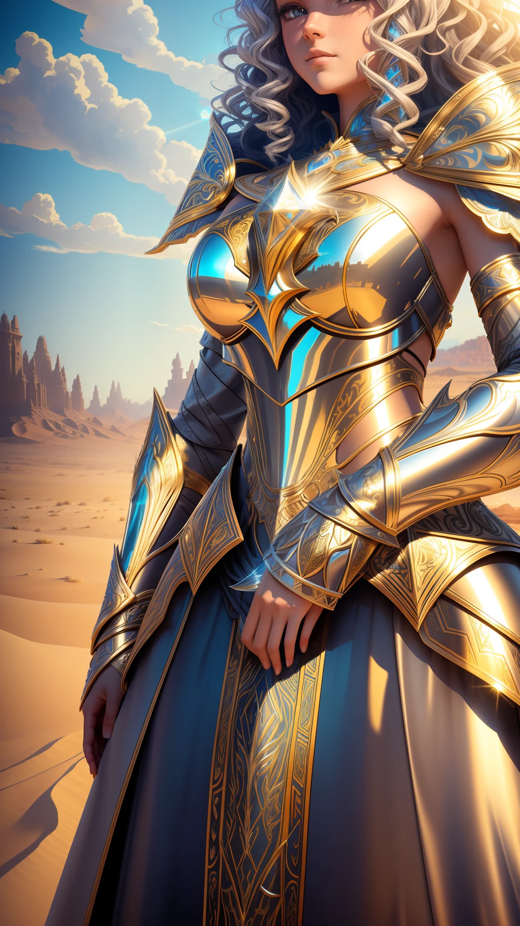 award winning concept art of tall (1girl:1.2) in silver shiny ornate armor in desert, epic, god rays, centered, (masterpiece:1.2), (best quality:1.2), Amazing, highly detailed, beautiful, finely detail, warm soft color grading, Depth of field, extremely detailed 8k, fine art, stunning, iridescent, shiny, (light reflections:1.2), (crisp:1.5), curls, wind, sandstorm, vibrant, sunlit, edge detection