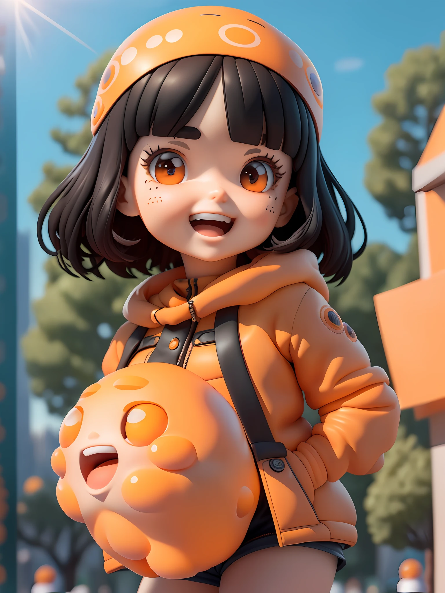 (Masterpiece), (Extreme), (Super detailed),(Body:1.9),1girl, sunshine, cute, orange, (big head:1.8), doll, smile, open mouth, city, fashion, coat, blush, tree, shirt, short hair, orange, orange headdress, blurred, long sleeves, bangs, black hair, (beautiful and detailed face), (beautiful and detailed eyes),