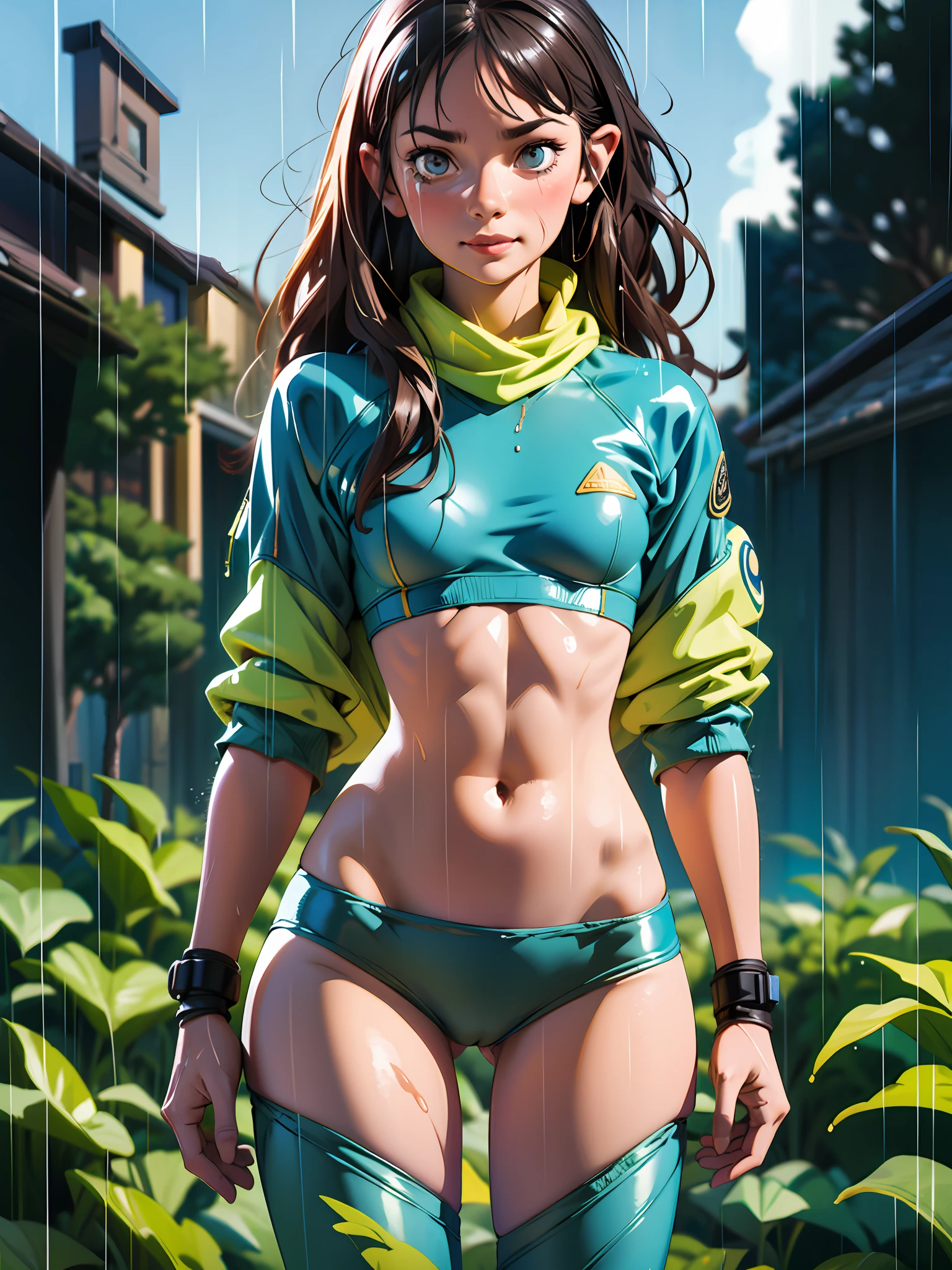 illustration, (smile,:1),(raining,wet,splash:1.3), (string,abs,small breasts,:1.1),(thin transparent wet clothes,sfw),thighs, battlefield, (slim, fit,flat chest, petite,ukranian,) photo realistic, high definition, detailed realistic, detailed, hyper detailed, realistic skin texture, ultra high resolution, high resolution,flag painted, (masterpiece, best quality), face tears,