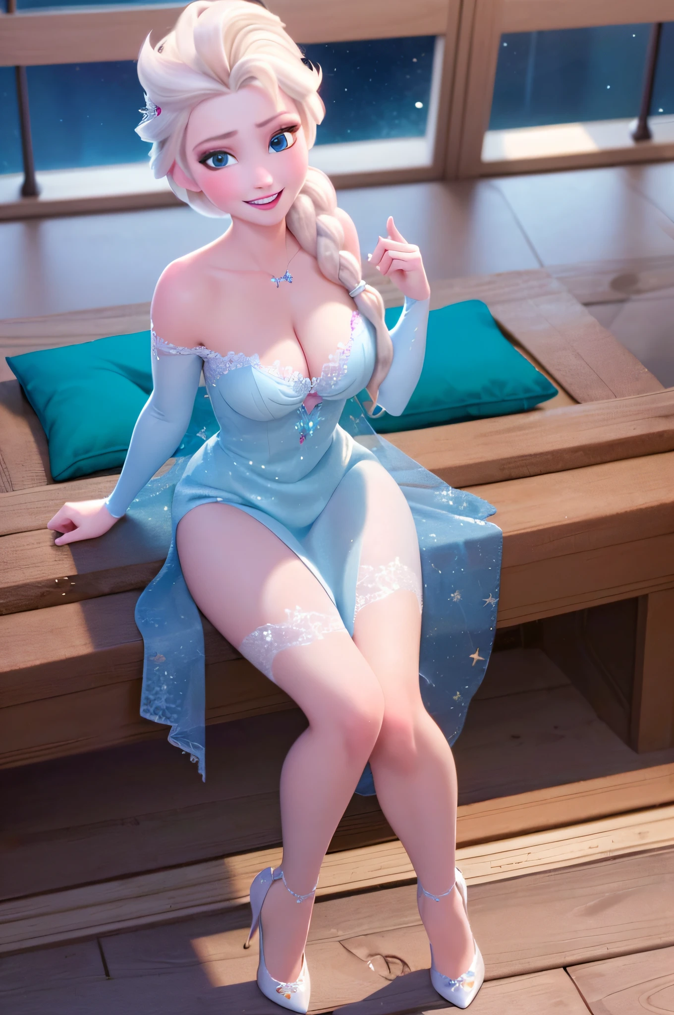 NSFW (masterpiece:1.4),(best qualit:1.4),(high resolution:1.4),elsa of arendelle, bra, cleavage, soft warm lighting, sitting, single braid, bed , fireplace, smile, stiletto heels, (looking at viewer:1.1), (night:1.2),