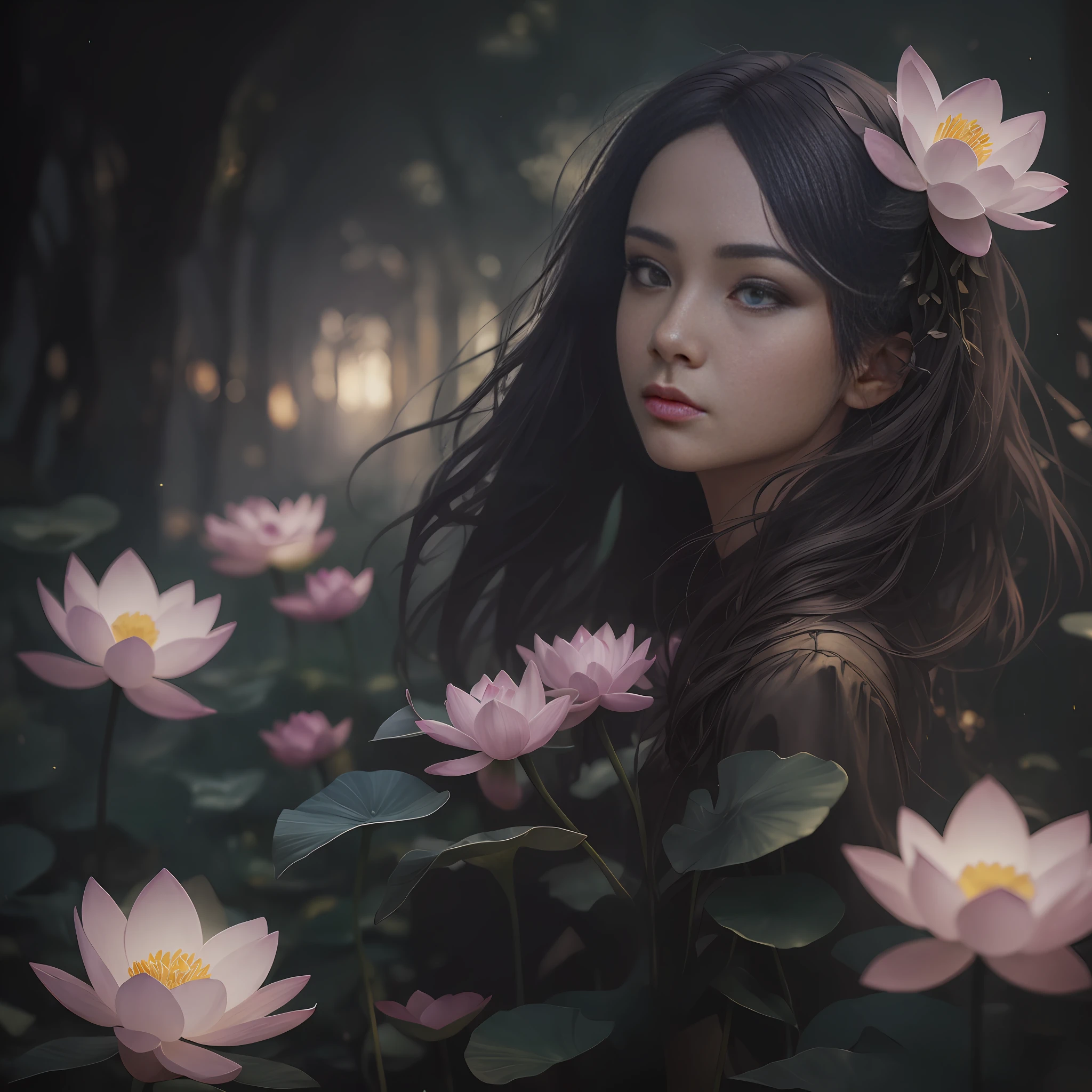 A flower by Kathy Weldon, Olga Kwasa, Miho Hirano, Ultra-detailed complex Gothic art trends on Artstation Ternary Color Unreal Engine 5 Detailed matte painting in Unreal Engine 5, brunet, Dreamlike, complexly detailed, Start screen, complementary colors, fantasy concept art, 8k resolution, A masterpiece of Gothic deviation art, (Dark lens: 0.9), art by Greg Rutkowski and Artgerm, Soft cinematic light, Adobe Lightroom, photolab, HDR, sophisticated, highlydetailed, lotus --auto --s2