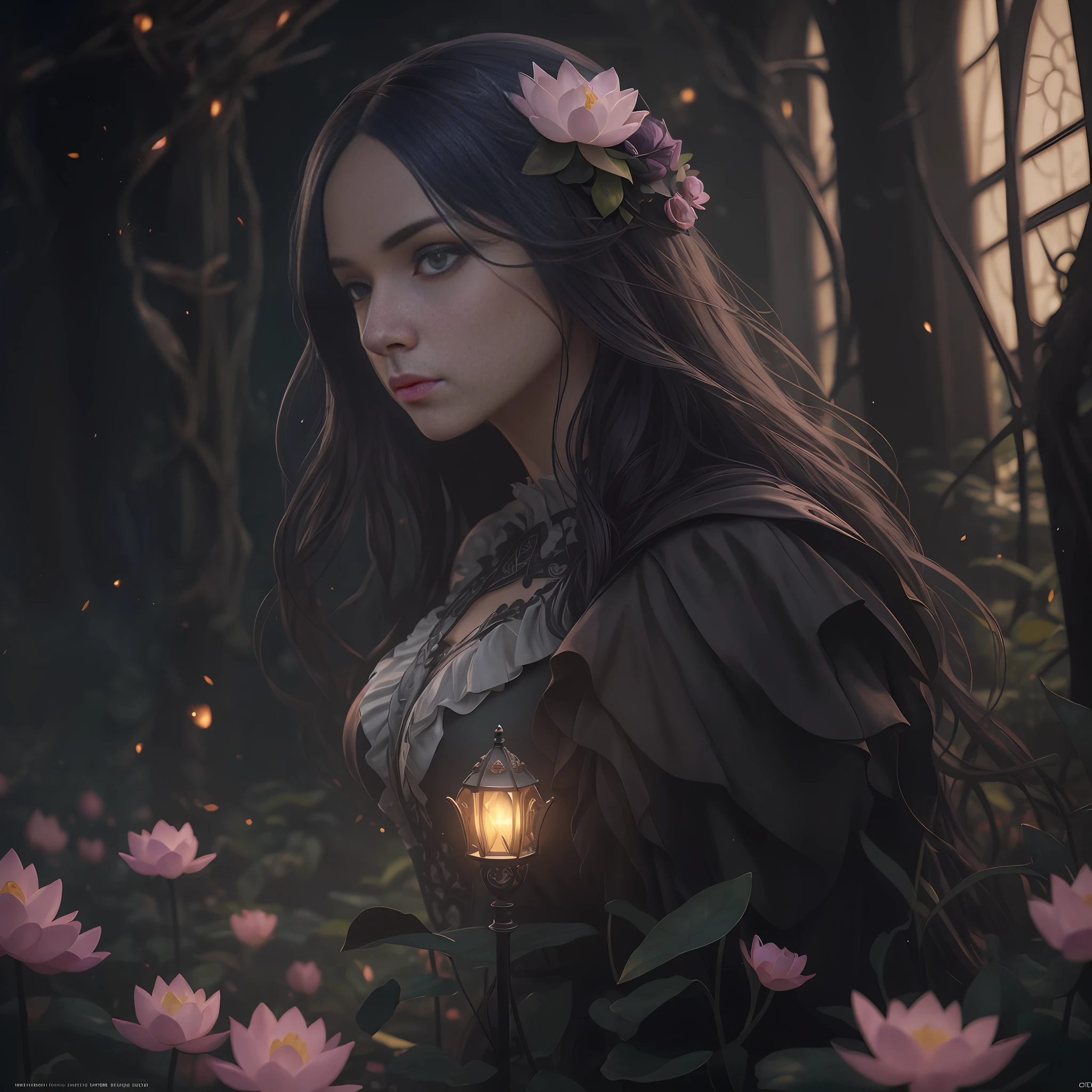 A flower by Kathy Weldon, Olga Kwasa, Miho Hirano, Ultra-detailed complex Gothic art trends on Artstation Ternary Color Unreal Engine 5 Detailed matte painting in Unreal Engine 5, brunet, Dreamlike, complexly detailed, Start screen, complementary colors, fantasy concept art, 8k resolution, A masterpiece of Gothic deviation art, (Dark lens: 0.9), art by Greg Rutkowski and Artgerm, Soft cinematic light, Adobe Lightroom, photolab, HDR, sophisticated, highlydetailed, lotus --auto --s2