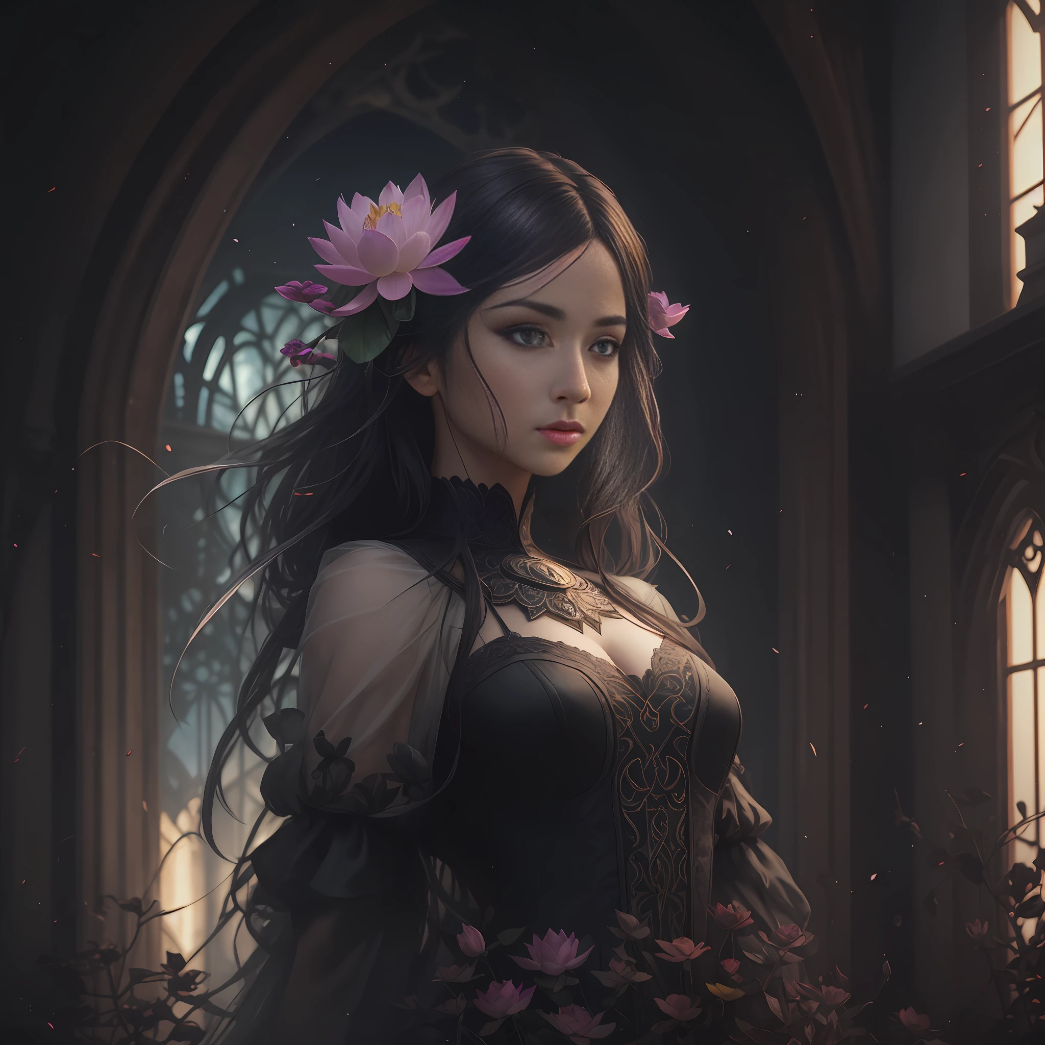 A flower by Kathy Weldon, Olga Kwasa, Miho Hirano, Ultra-detailed complex Gothic art trends on Artstation Ternary Color Unreal Engine 5 Detailed matte painting in Unreal Engine 5, brunet, Dreamlike, complexly detailed, Start screen, complementary colors, fantasy concept art, 8k resolution, A masterpiece of Gothic deviation art, (Dark lens: 0.9), art by Greg Rutkowski and Artgerm, Soft cinematic light, Adobe Lightroom, photolab, HDR, sophisticated, highlydetailed, lotus --auto --s2