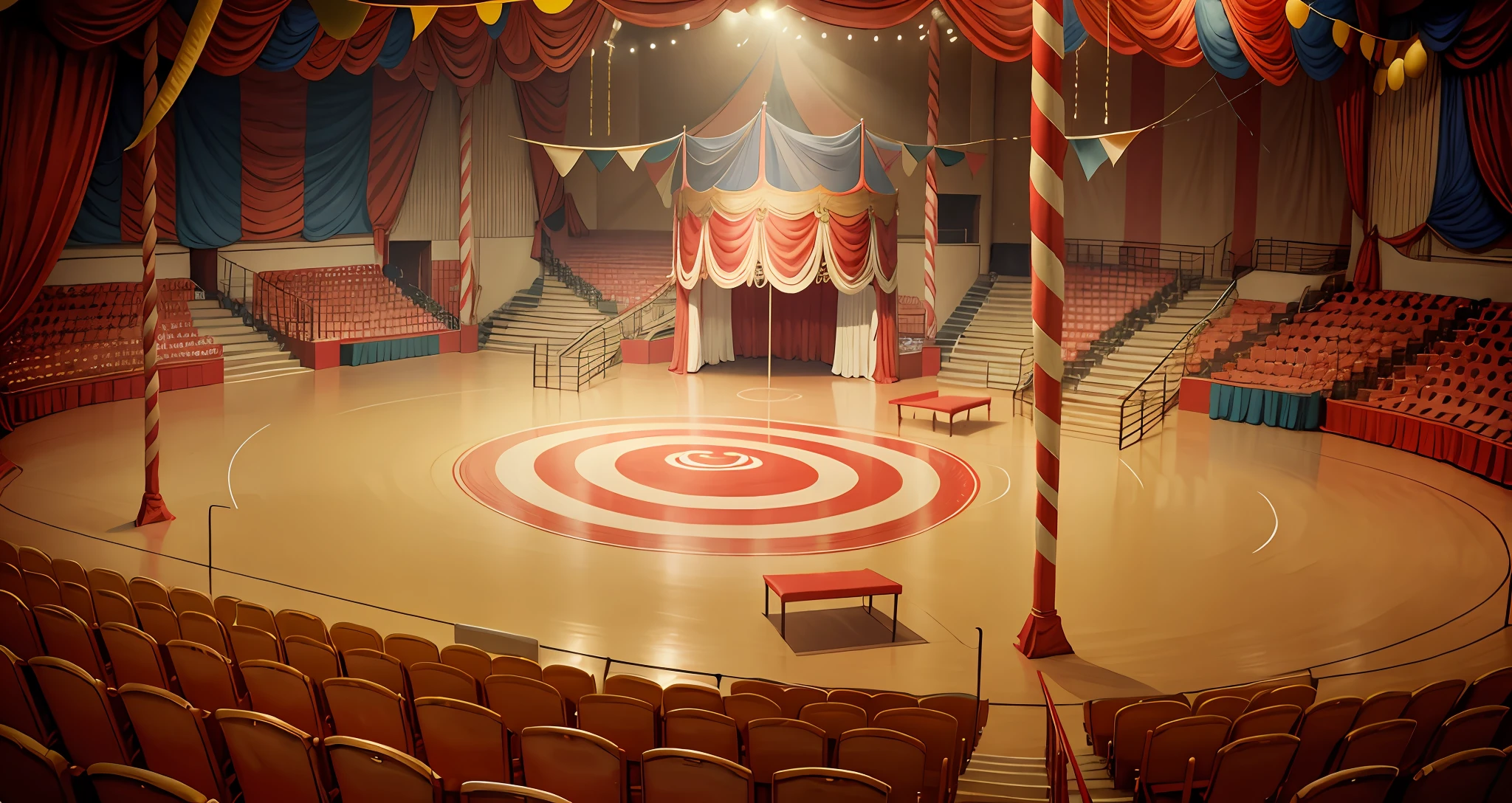 There is a circus tent with red and white striped curtains, circus background, arena background, circus tent, circus, welcome to the circus, gymnasium background, big top circus tent, abandoned circus, inspired by family circus, ballroom background, theater stage, gymnasium background, in the middle of the arena, empty stage, interior background art, theater stage, an indoor scene of a circus, there is a huge stage, 45 degree view stage close-up, highlighting the vitality and excitement of the circus, photography, 3D models, Blender modeling, Disney style, Pixar movie atmosphere --auto --s2