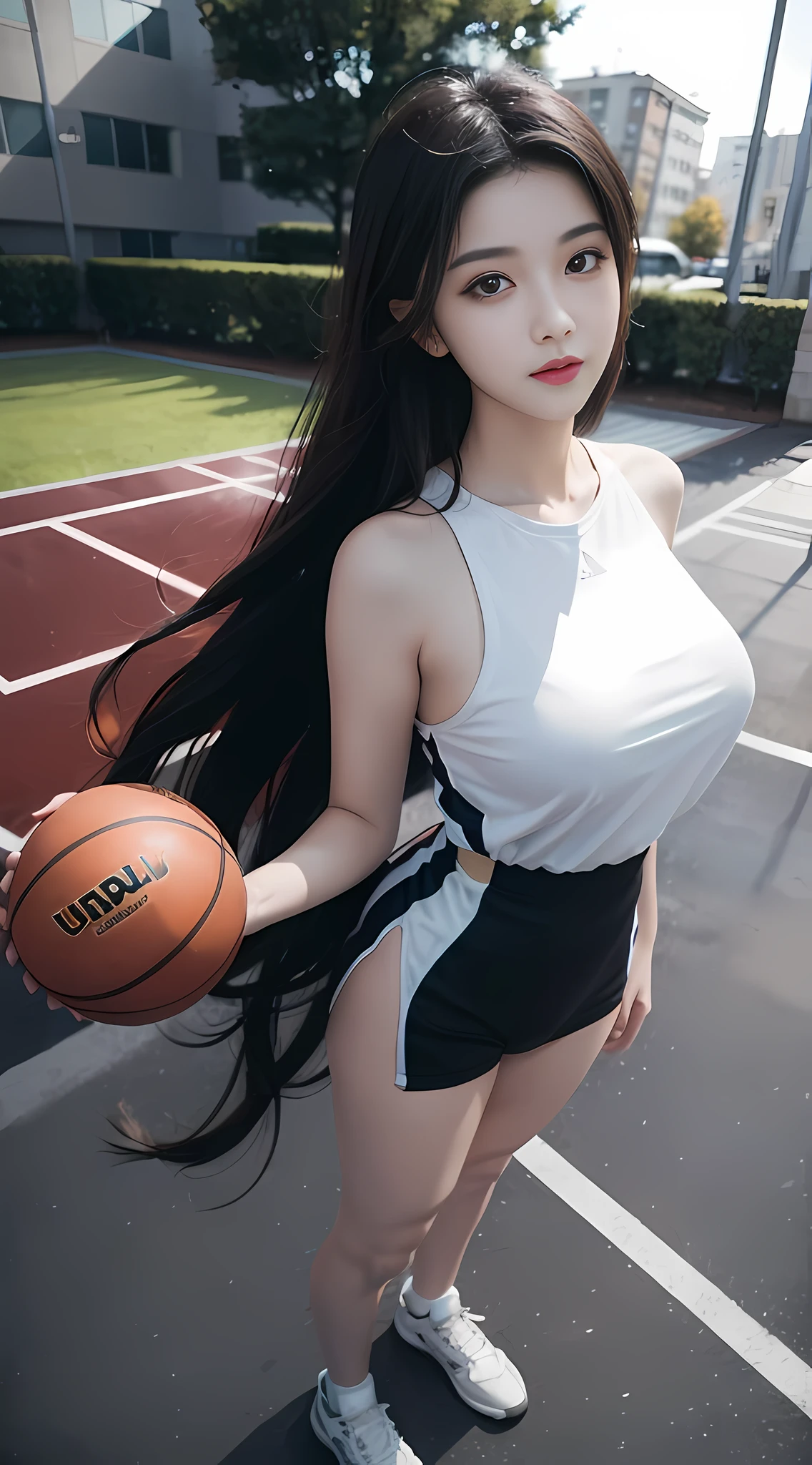 8K, Best Quality, Masterpiece: 1.2), (Realistic, Realistic: 1.37), Ultra Detailed, Best Quality, Ultra High Resolution, Professional Lighting, Photon Mapping, Teleportion, Physically Based Rendering, Film Lighting, Basketball Court, Depth of Field, Clear Focus, Sunlight, Good Composition, (Bokeh: 1.2) 1girl, solo, ((full body)), (shut up), beautiful and detailed eyes, pose, narrow waist, sexy basketball suit, black hair, messy hair, fluttering long hair, ( ulzzang-6500: 1.2), slim figure, slender legs, smile, big breasts