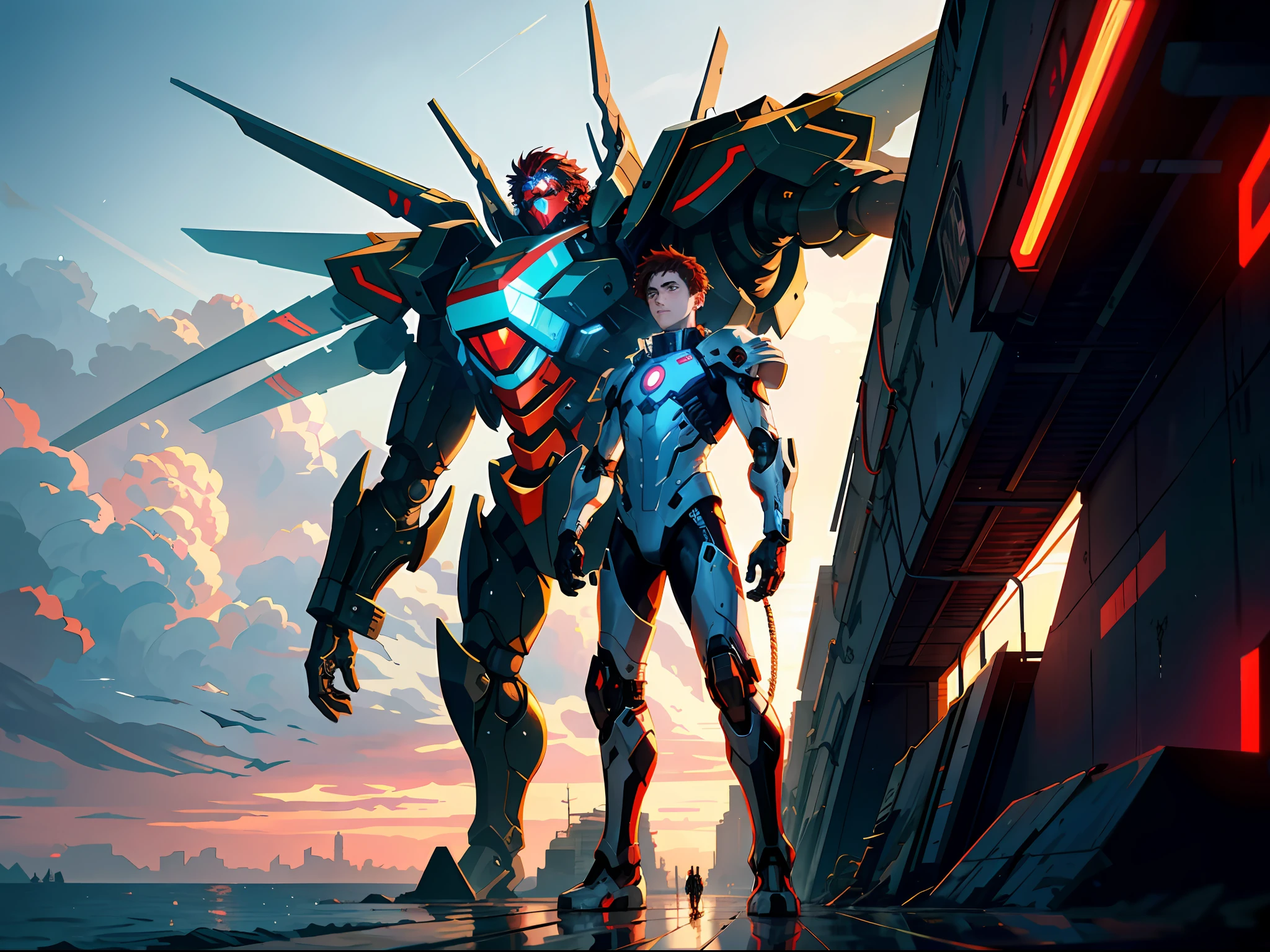 HD clear, best images, illustrations, super detailed, a young teenager in a cyberpunk style (white combat suit), detailed face, and facial features, standing on the seaside pier, revealing a deep breathing expression, behind him is a huge red mech