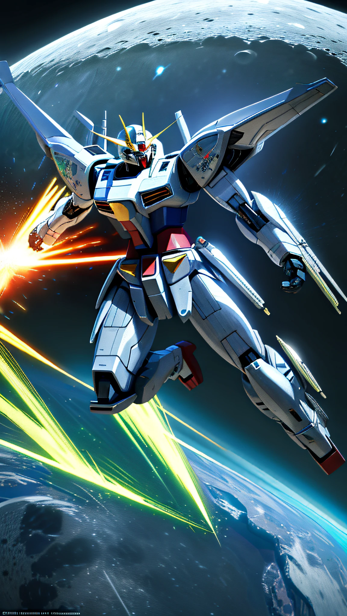 ((masterpiece)), (solo:1.4), a (((mecha))) with sleek and menacing design, glowing eyes, full body, highly detailed, high detailed background, battle, planet, hovering, a huge shield, shoulder armor, science fiction, fighter plane flying over the earth in space with the moon in the background, concept art, space art,