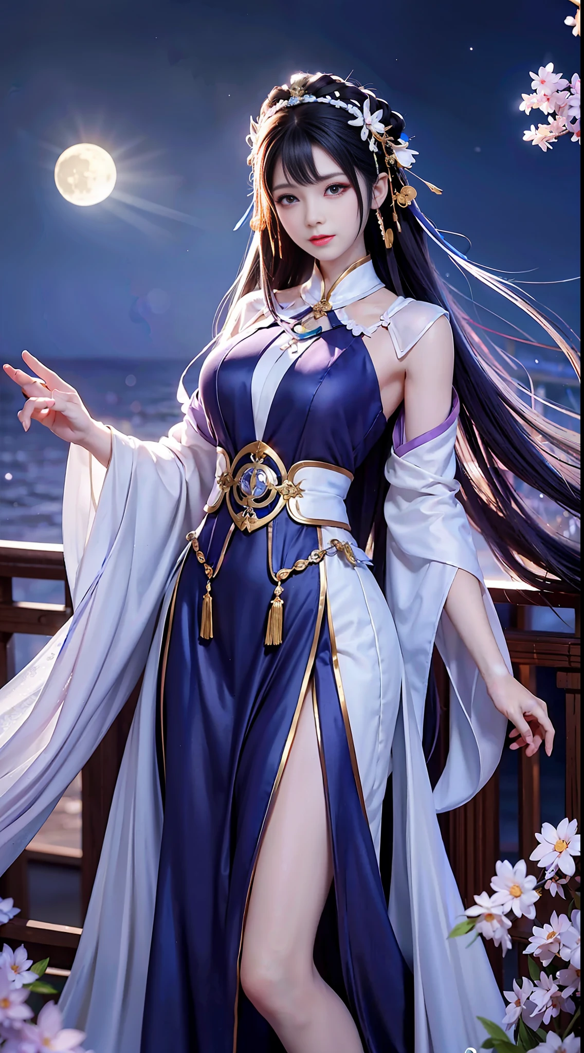 the moon, moon light, fullmoon, night, Deep blue sky, violet, Lilac clothes, chest length skirt, with long black hair, Long hair and waist, beautiful maiden, God, divinity, white headpiece, Sit on the railing, violin, twin braids, hair strand, diagonal bangs, hair ribbon, hair ornament, forehead jewel, jeweled branch of hourai, crescent hair ornament, fish hair ornament, god rays, sparkle, cinematic lighting, lens flare, UHD, high details, high quality, highres, best quality, 8k, 16k, high details, high quality, super detail, anatomically correct, masterpiece, ccurate