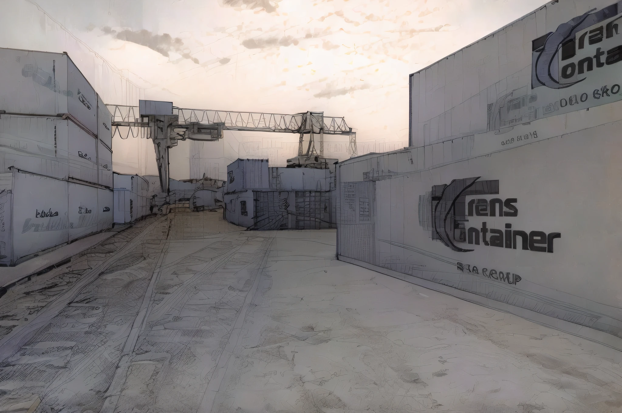 linear, gray, white background, simple background, sketch, sketch, pen_sketch_style, railway, on the background huge crane, shipping containers, photo taken in 2 0 2 0, photo taken in 2018, yard looking at the camera, wide installation shot, portrait, crane shot, trade warehouses, wide long view, crane, attractive, DSRL photo, it is very huge