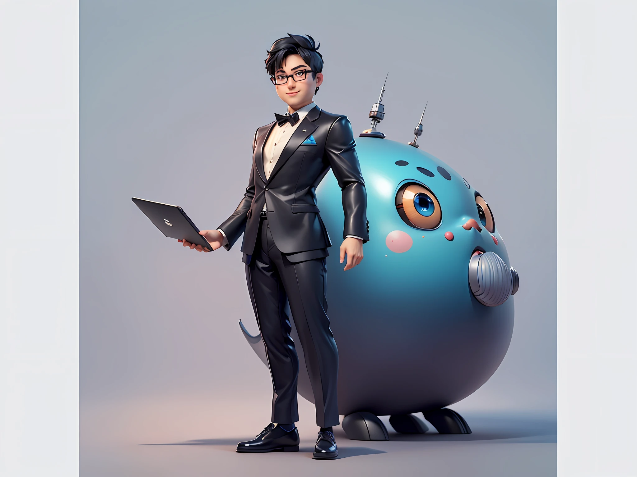 Masterpiece), (Excellent), (Super Meticulous), (Full Body: 1.2), Super Young Woman, Beautiful, Sexy, Bursting, Oriental Face, TV Anchor, Bust Portrait Illustration, Alone, Black Suit, Blue Tie, Silver Glasses, Slightly Chubby Face, Very Clean Face, No Beard, Black Super Short Hair, Black Eyes, Confident Smile, 3c Computer Sub-Products, iPad, iPhone, Digital Painting, 3D Character Design by Mark Clairenden and Pixar and Hayao Miyazaki, The illustration is a high-definition illustration in 4K resolution with very detailed facial features and cartoon-style visuals.