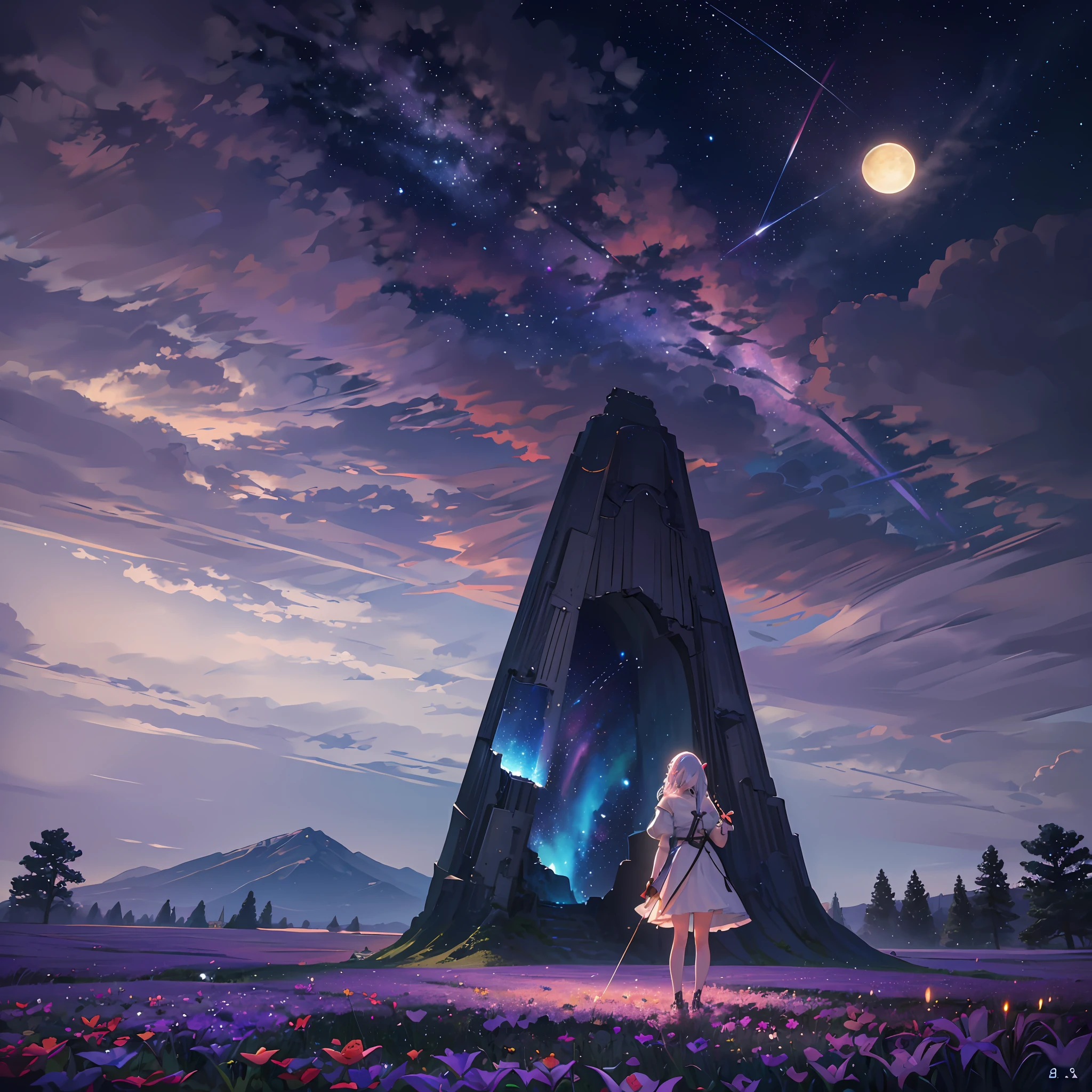 expansive landscape photograph, (Look below.), Above is the sky, Below is an open field), A girl standing on a flower field looking up, (Full Moon: 1.2), (Meteor: 0.9), (Nebula: 1.3), distant mountain, Tree BREAK making art, (Warm light source: 1.2), (Firefly: 1.2), lights, Lots of purple and orange, complicated detail, volume lighting, Realism BREAK (Masterpiece: 1.2), （best quality）, Ultra-detailed, (Dynamic composition: 1.4), RAWExtremely detailed, Colorful details, (Rainbow colors: 1.2), (glowing lighting, atmospheric lighting), Dreamlike, Magical, (Solo: 1.2), 4k --auto --s2