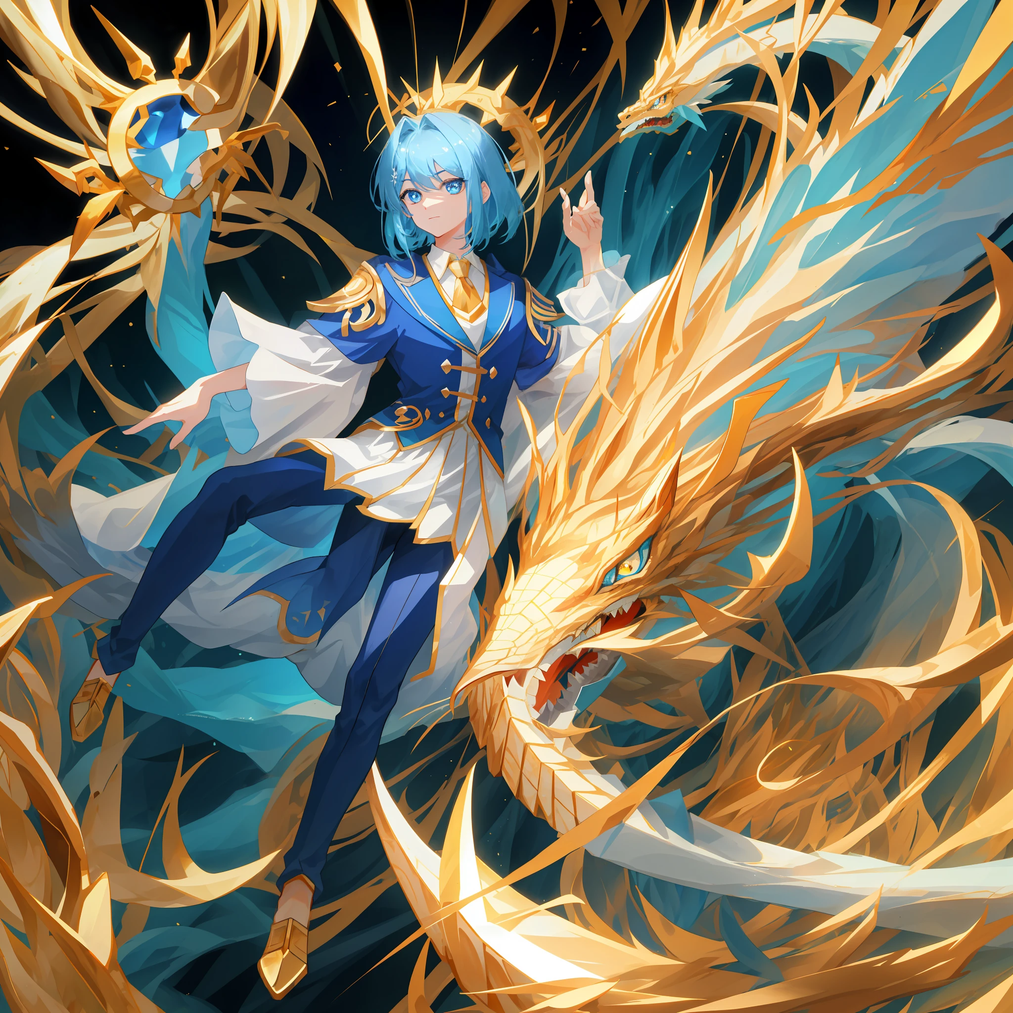 The two-dimensional blue-eyed sub-golden dragon is anthropomorphic, illuminated by the golden sun