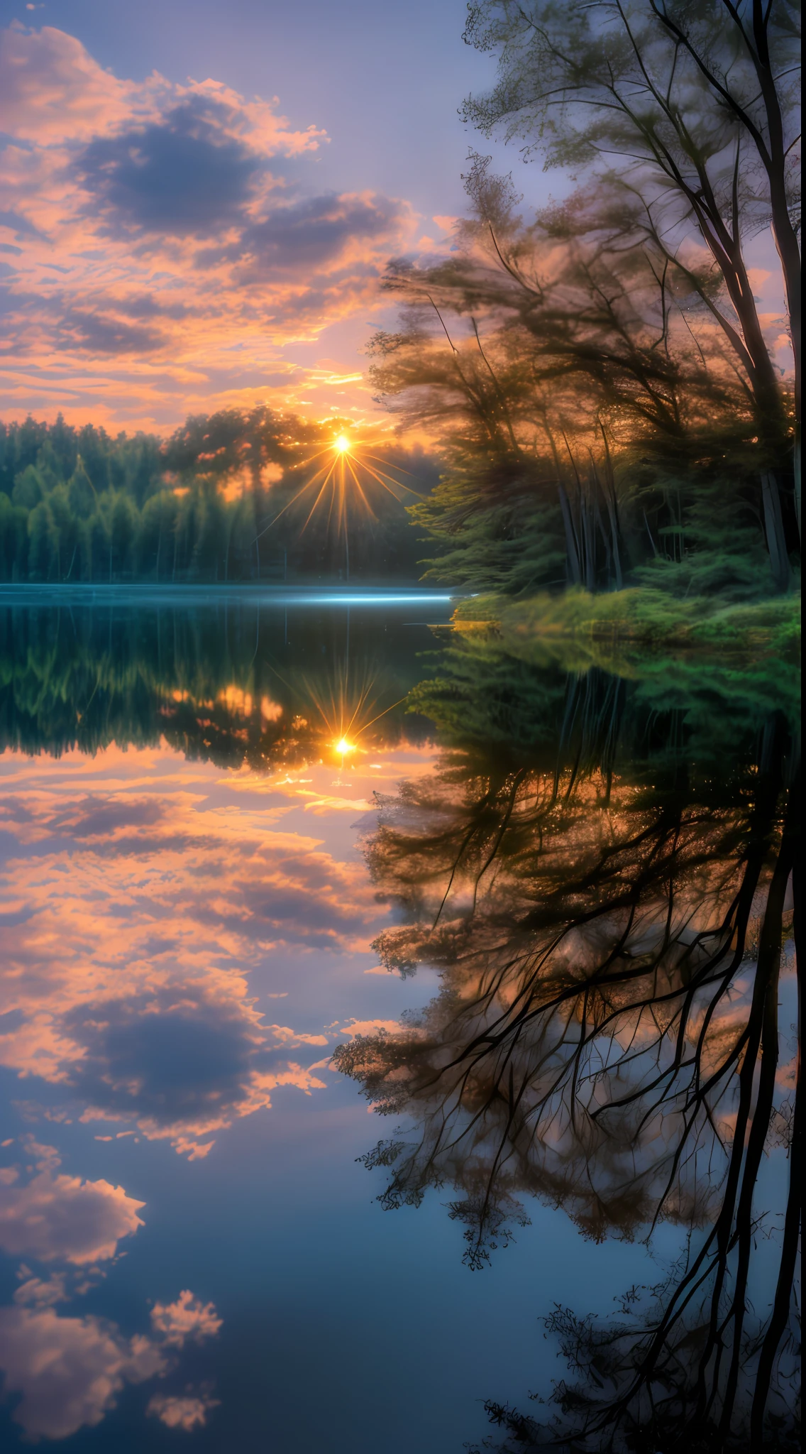 Wallpaper, summer, lake, dawn, forest, clouds, dawn background, depth of field, HD detail, hyperdetail, cinematic, soft light, deep field focus bokeh, ray tracing, diffuse (ultra-fine glass reflection) and realism. --v6