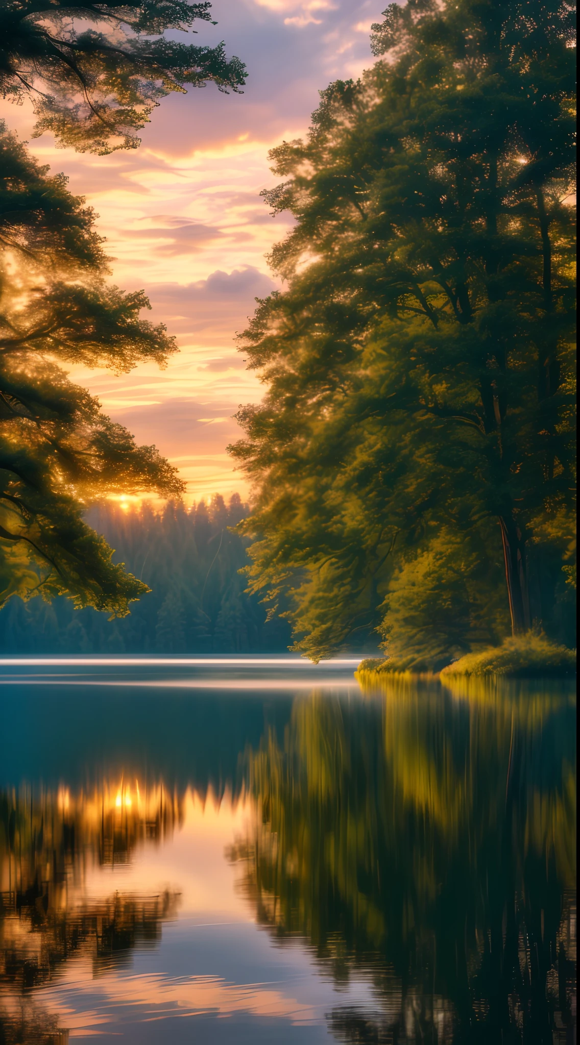 Wallpaper, summer, lake, dawn, forest, clouds, dawn background, depth of field, HD detail, hyperdetail, cinematic, soft light, deep field focus bokeh, ray tracing, diffuse (ultra-fine glass reflection) and realism. --v6