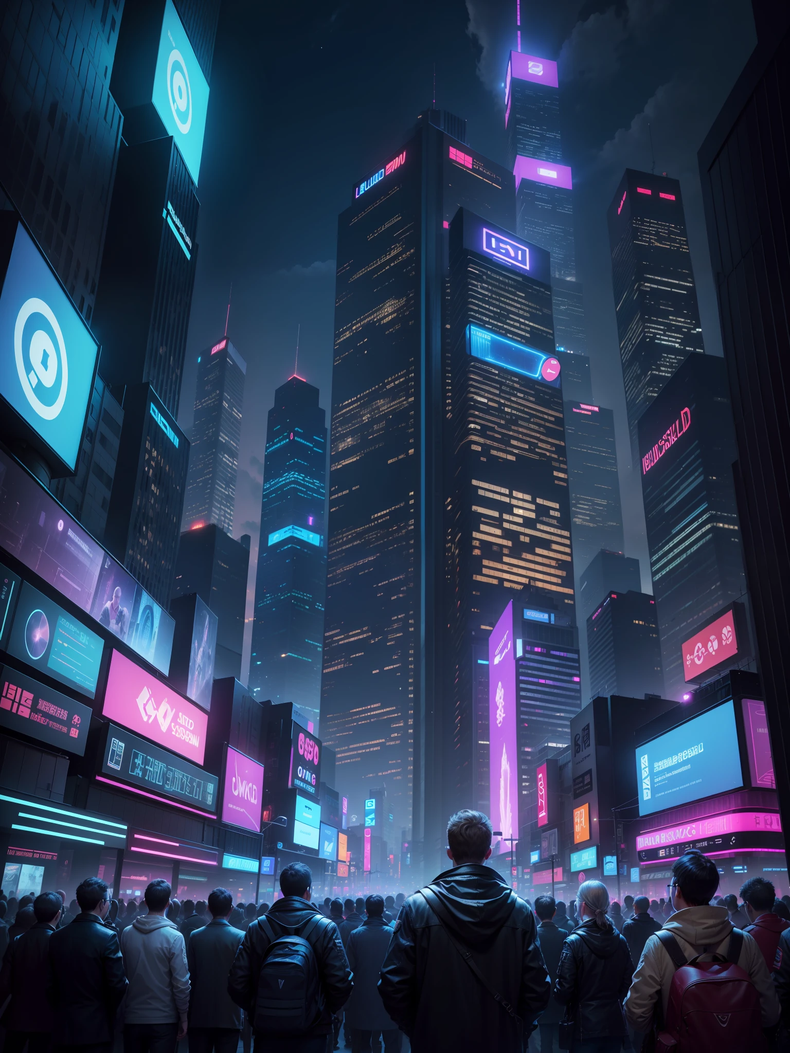 fictional city, near future (LED vision in the center), (people gathered in LED vision), (crowd of people looking up at billboard), billboard (looking up at various LED visions), cyber, AI, (looking up from the ground), night view, bright colors, disciplined building