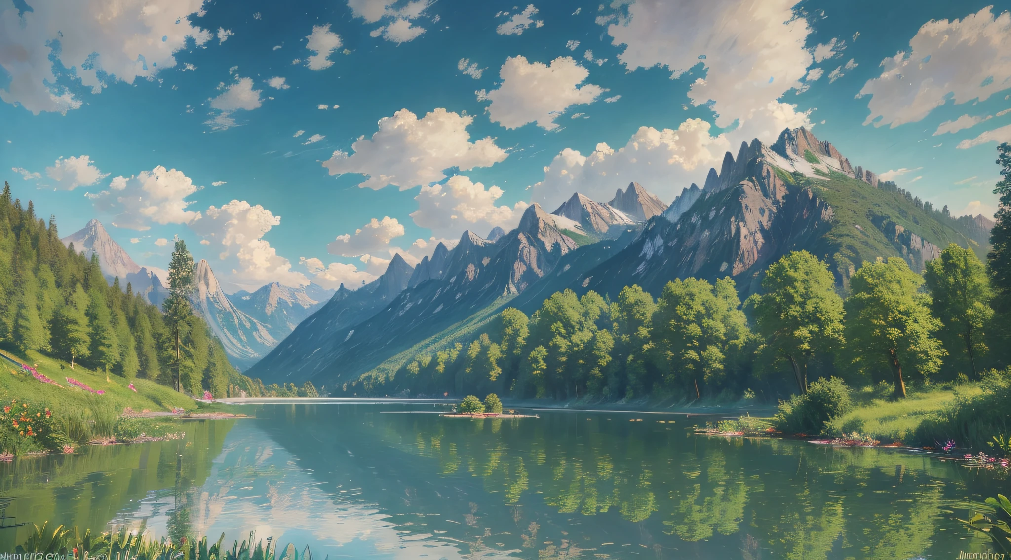 Monet's oil painting, majestic, mountains, waterfalls, forests, white clouds, lakes, villages, 8K, fine detail, high definition --auto --s2