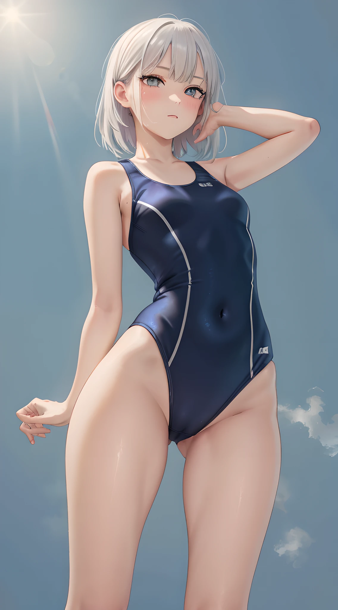 solo, beautiful face, straddling, masterpiece, best quality, 8k, raw photo, absurdres, pretty girl, slender, silver hair, school swimsuit, from below, looking at viewer, (sweaty, shiny skin:0.6), (angry, anguish, sad, breathless:0.3), navy one-piece swimsuit, sloped shoulder, small waist, thin arms, , thick thighs, perky butt, photorealistic, film grain, chromatic aberration, highres, ultra detailed, finely detail, detailed eyes and face and skin, dynamic lighting, dramatic lighting, sharp pupils, realistic pupils, (simple background, dull blue background, humid:1.5)