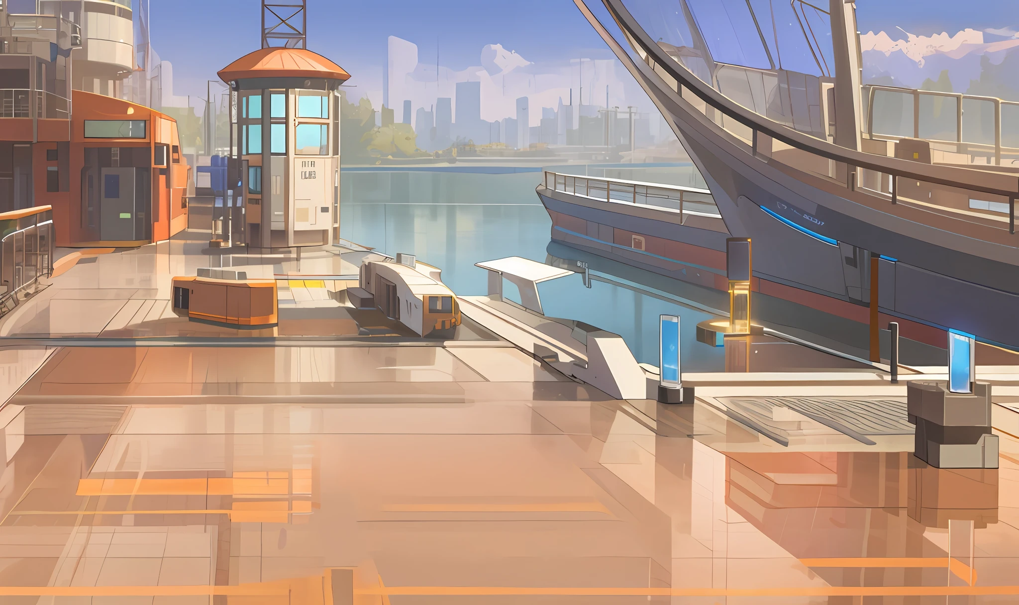 Technology sense glass floor, outdoor scene science fiction dock scene, full of technology, empty glass floor, modern, rich in details, glass, HD