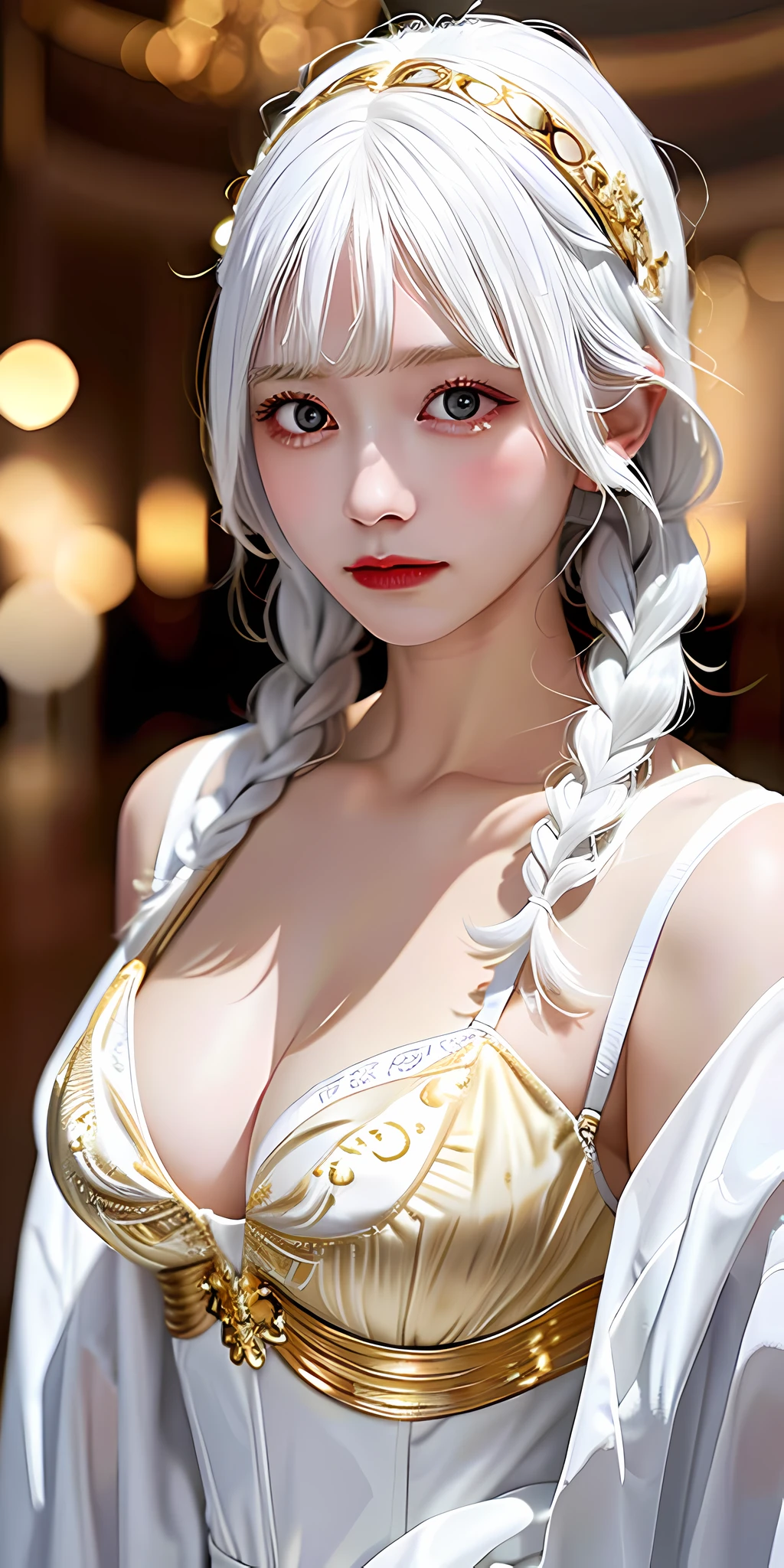Excellent, masterpiece, white hair, golden eyes, white clothes, looking up, upper body, bra, hair, fair skin, side braids